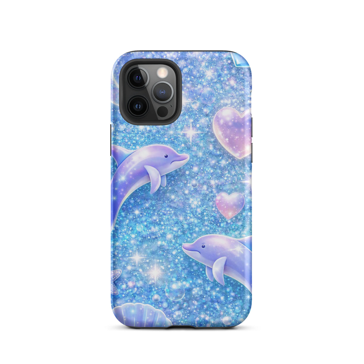 Phone Case for iPhone featuring ocean glitter dolphins, moonlit shells, and celestial accents in a dreamy aquatic design.