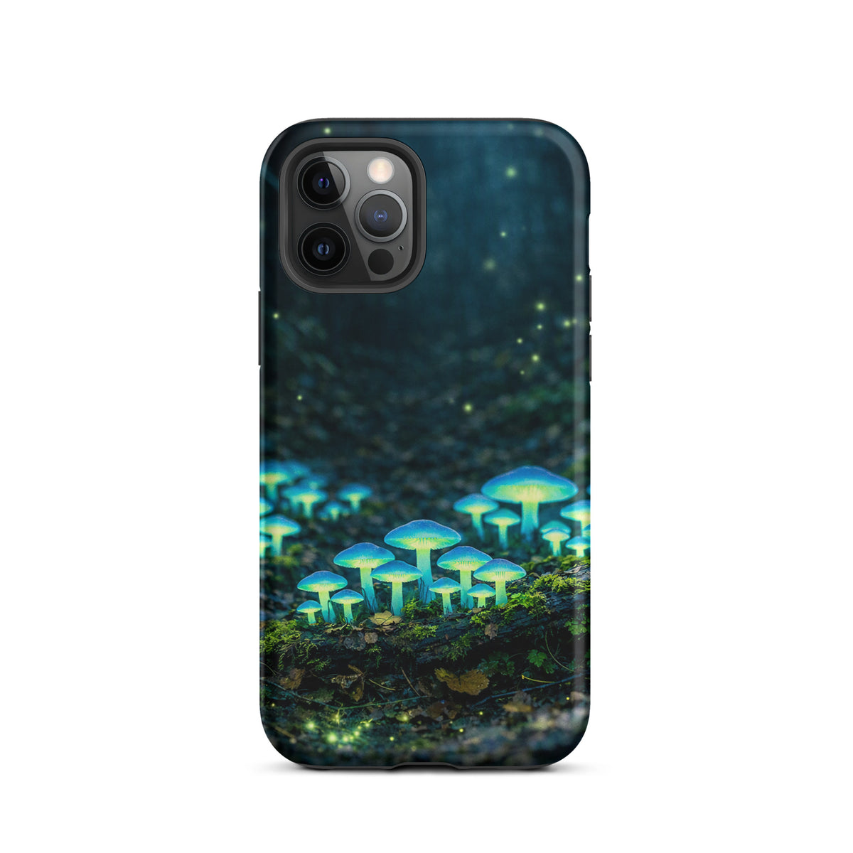 Phone Case for iPhone featuring glowing blue-green forest mushrooms on a dreamy woodland scene background.