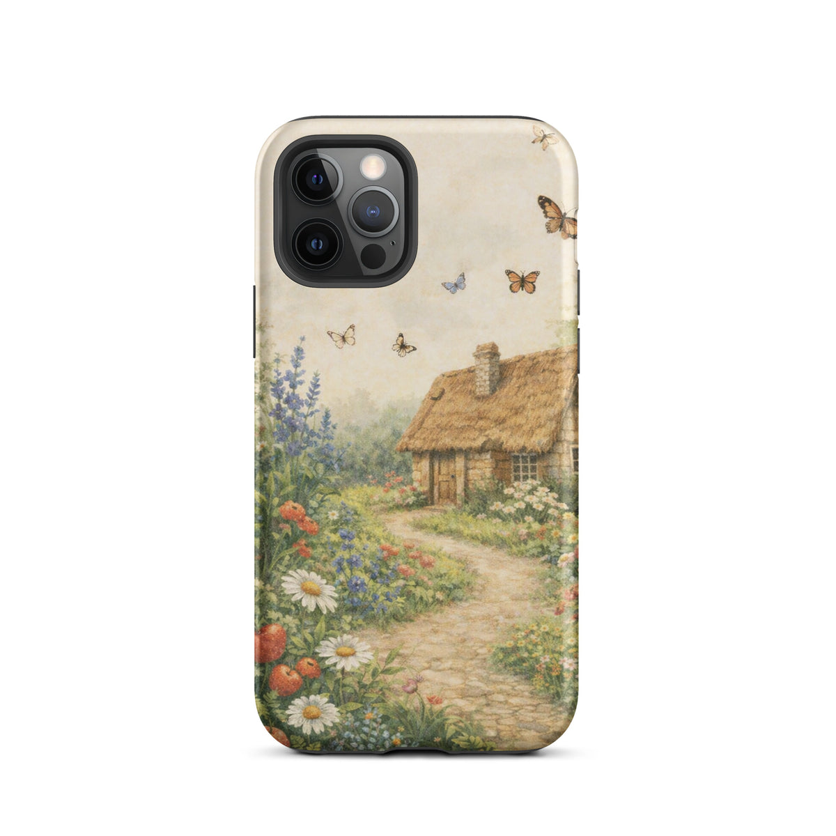 Phone Case for iPhone with cottage garden art, featuring a thatched-roof cottage, floral garden, and butterflies on a creamy background.