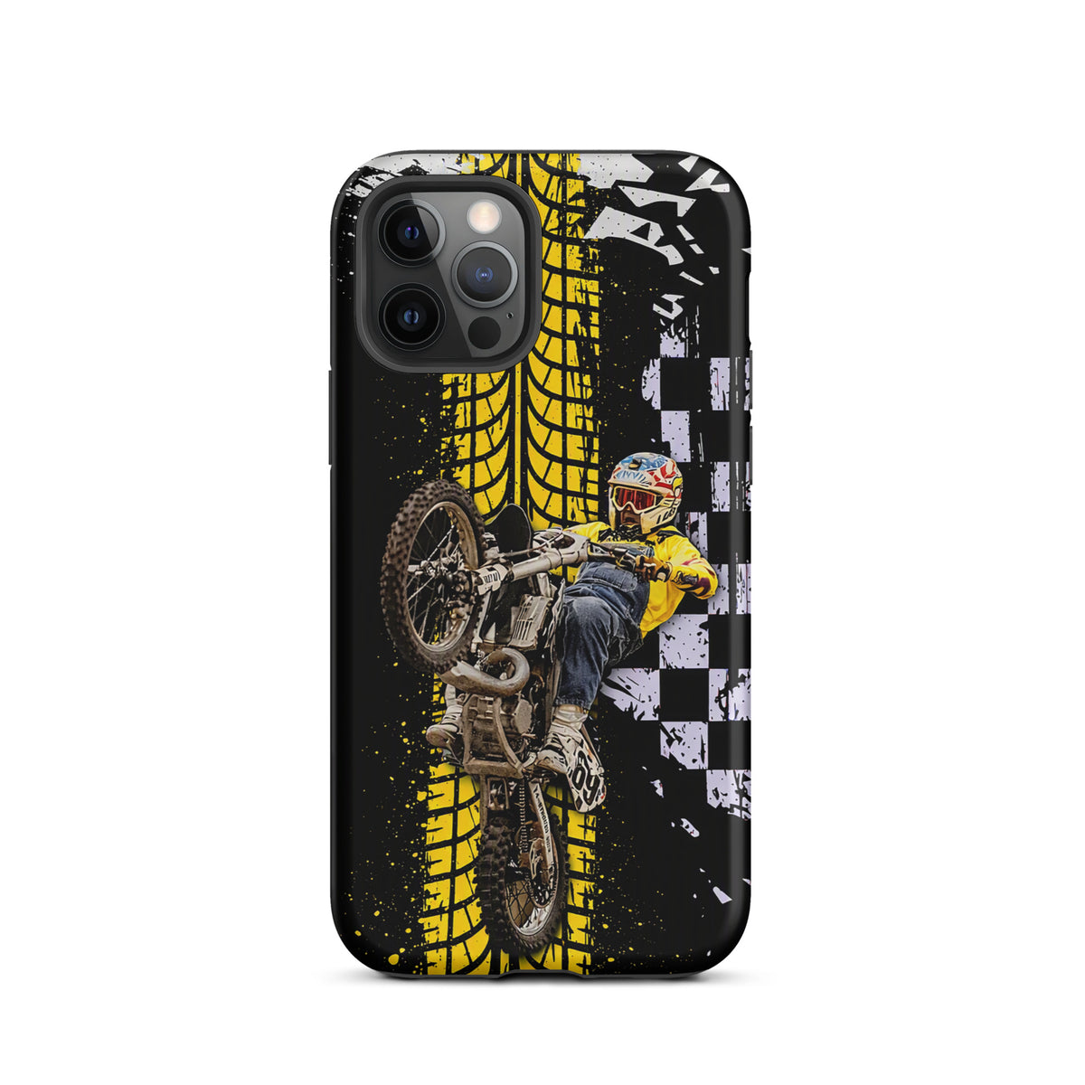 Phone Case for iPhone with Ronnie Mac air-wheelie design, black, yellow, and white motocross art with checkerboard and tire tread.