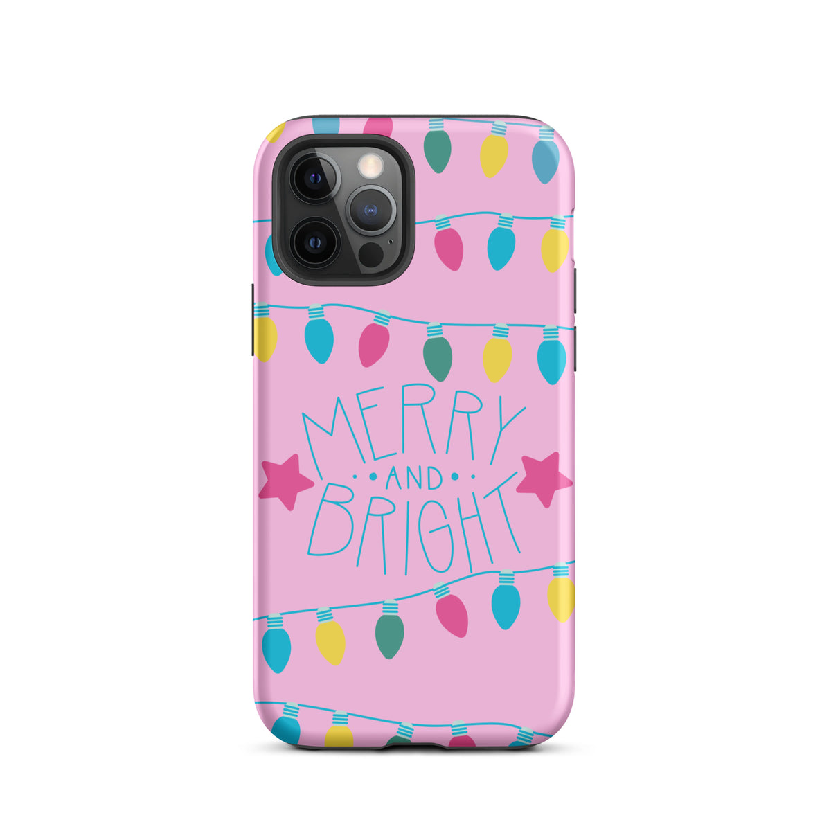Phone Case for iPhone with pink background and "Merry and Bright" holiday lights design in colorful bulbs.