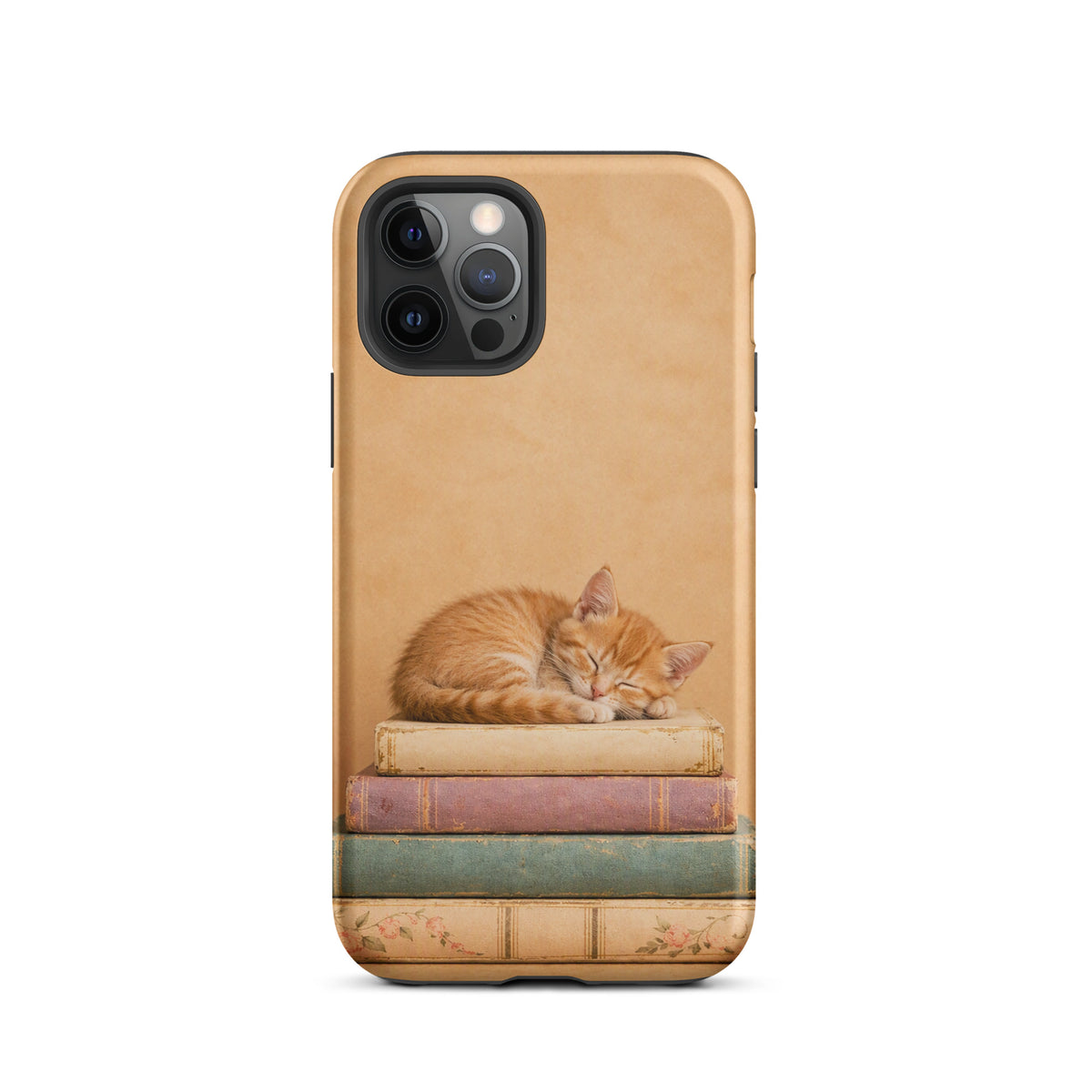 Phone Case for iPhone with Sleeping Kitten on Vintage Books, featuring an orange cat napping on well-loved book stack, warm neutral tones