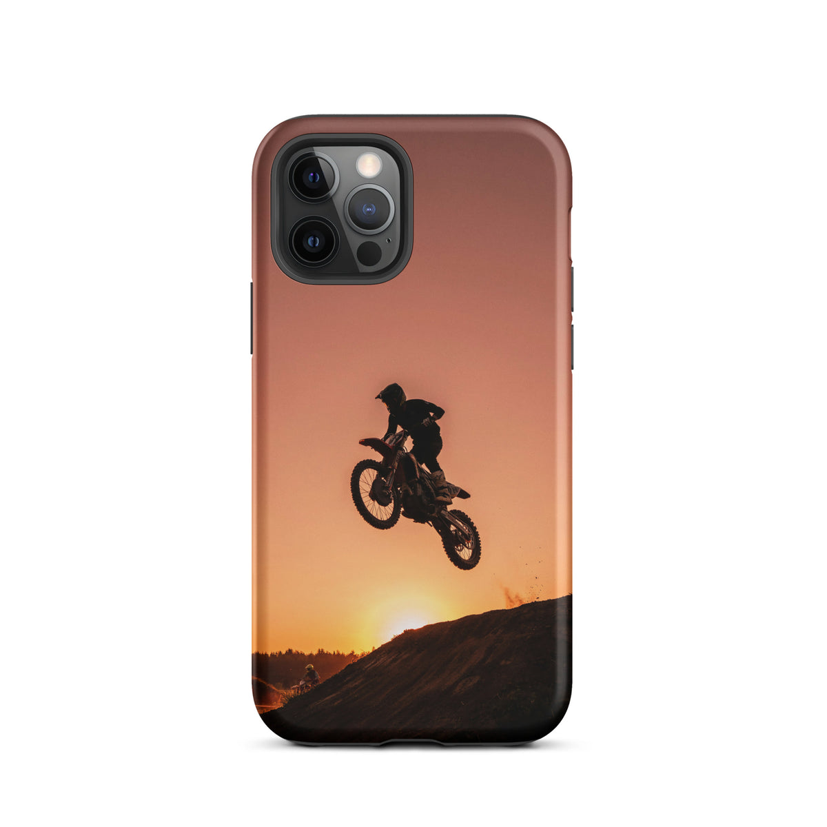 Phone Case for iPhone featuring motocross dirt bike silhouette against a sunset, with copper and orange hues, rugged design.