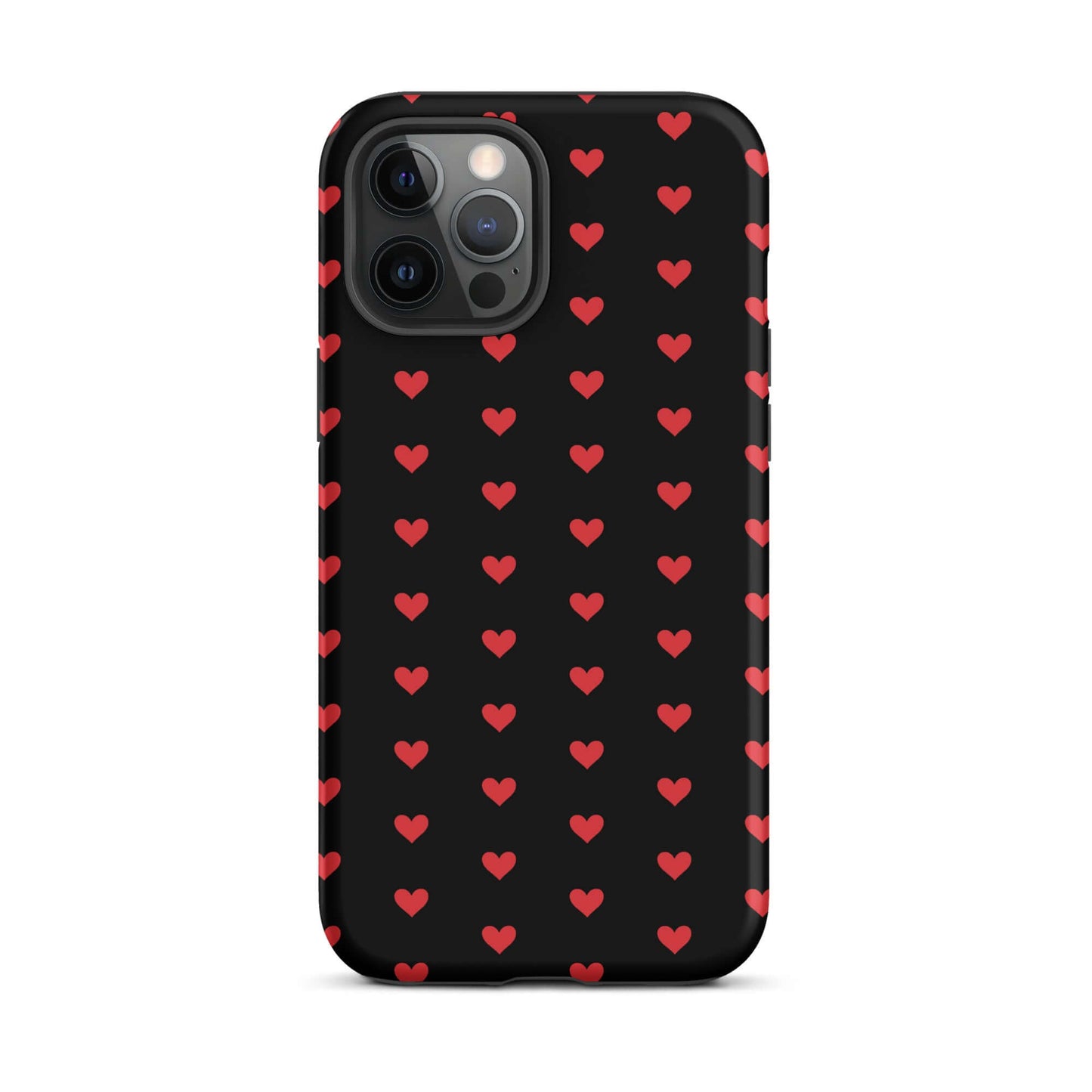 Phone Case for iPhone featuring a pattern of fiery red hearts on a black background.