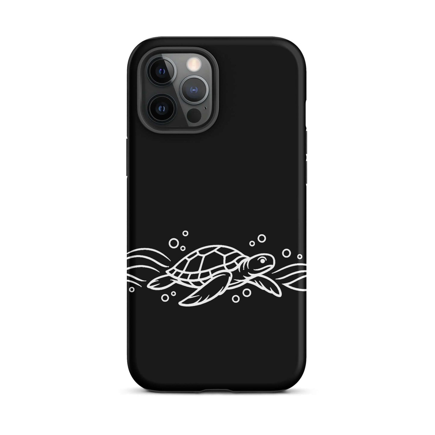 Phone Case featuring a minimalist sea turtle design with abstract waves and bubbles on a sleek black background.