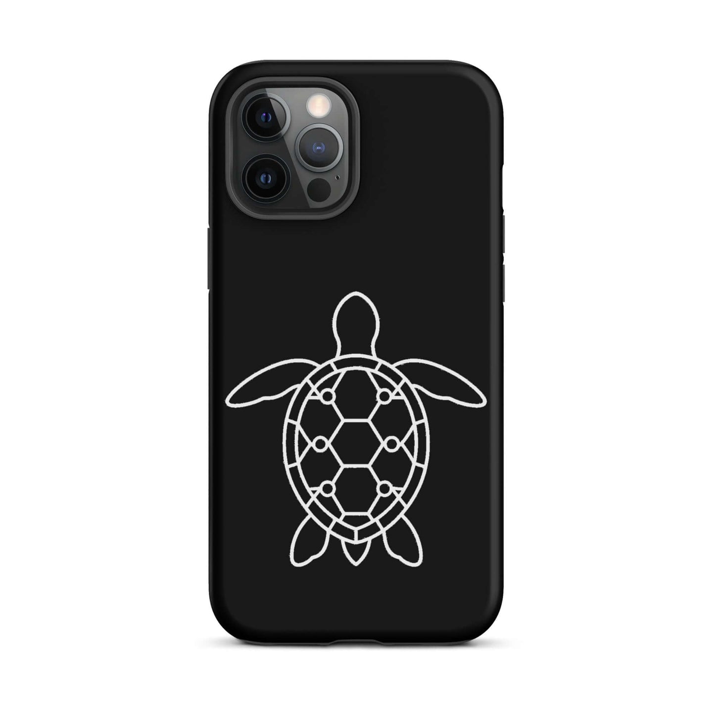 Phone case featuring a minimalist sea turtle silhouette with geometric patterns in white on a black background.