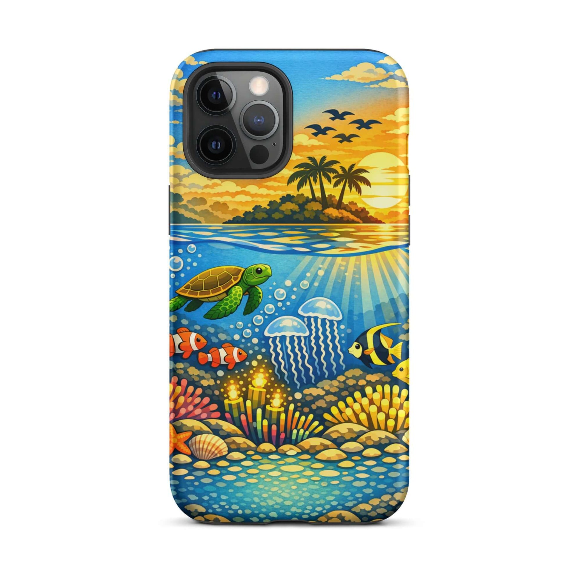 Phone Case showcasing tropical sunset and colorful underwater reef with sea turtles and clownfish.