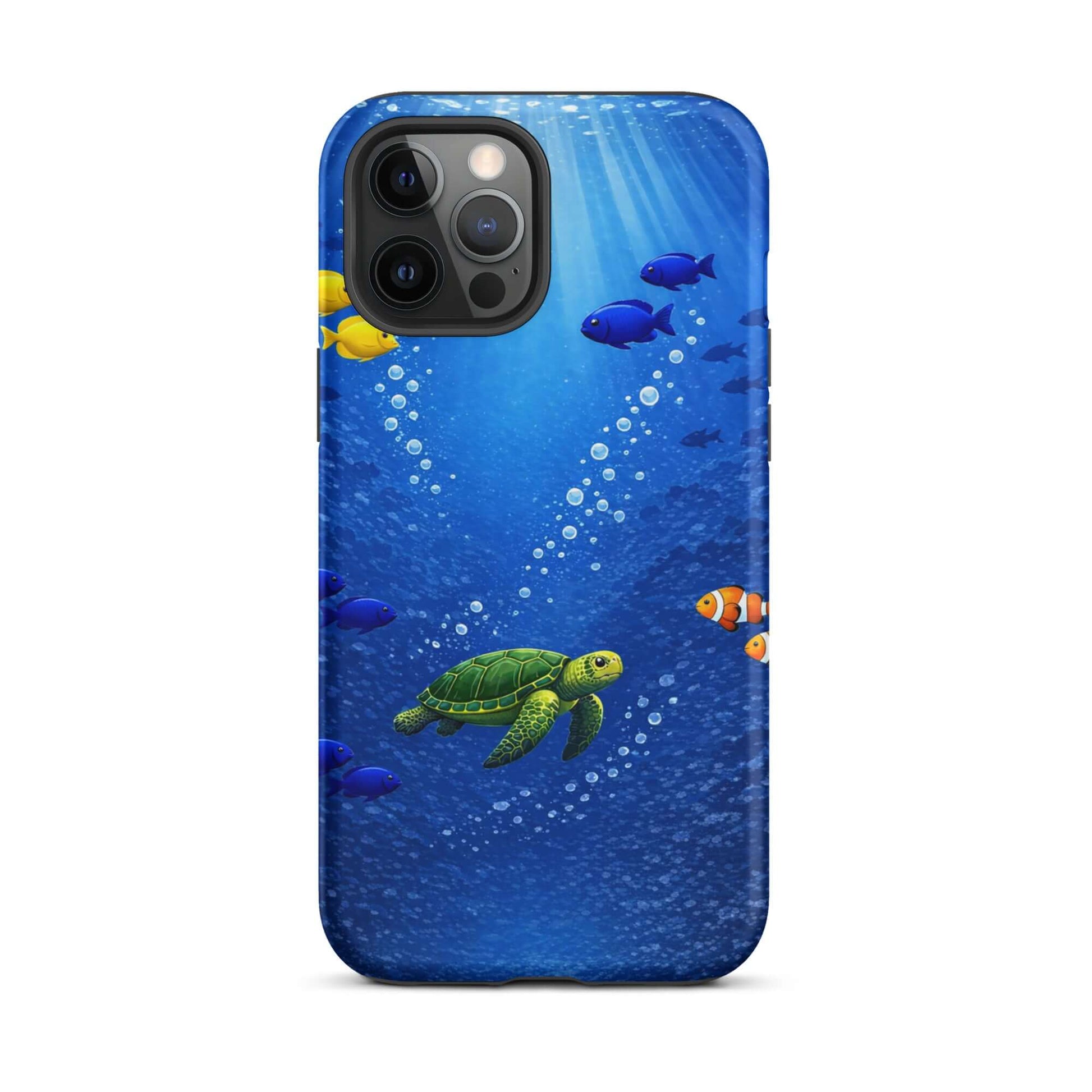 Phone Case featuring a sea turtle and colorful fish design, showcasing underwater elegance and protection.