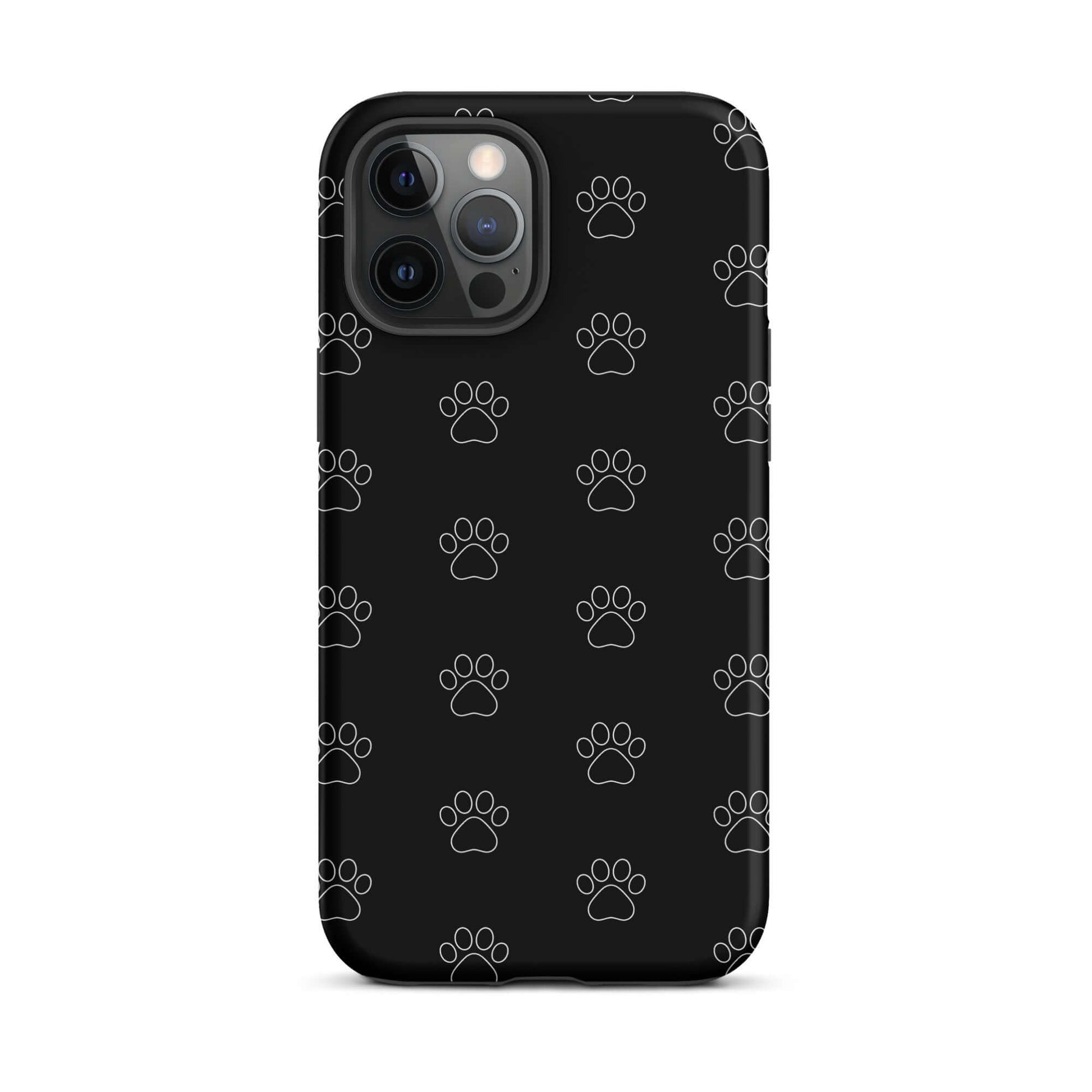 Phone Case for iPhone featuring a playful paw print pattern on a sleek black background.