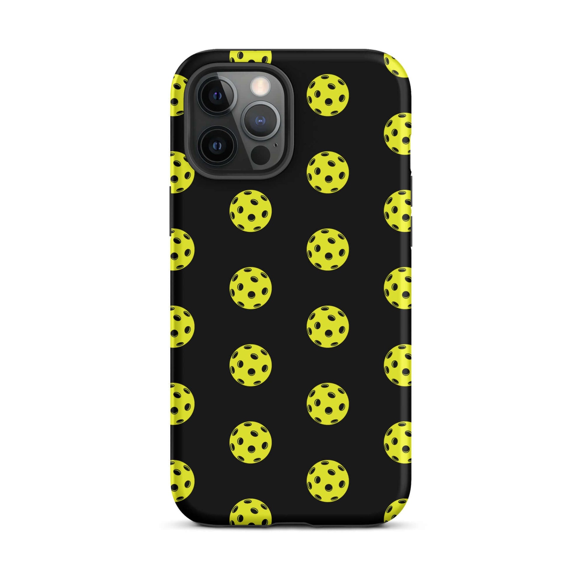 Phone Case featuring a pickleball pattern on a black background, perfect for sporty style and protection.