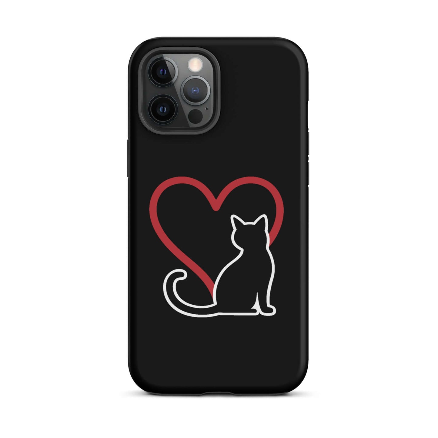 Phone Case for iPhone featuring a black cat silhouette and red heart design, perfect for cat lovers.