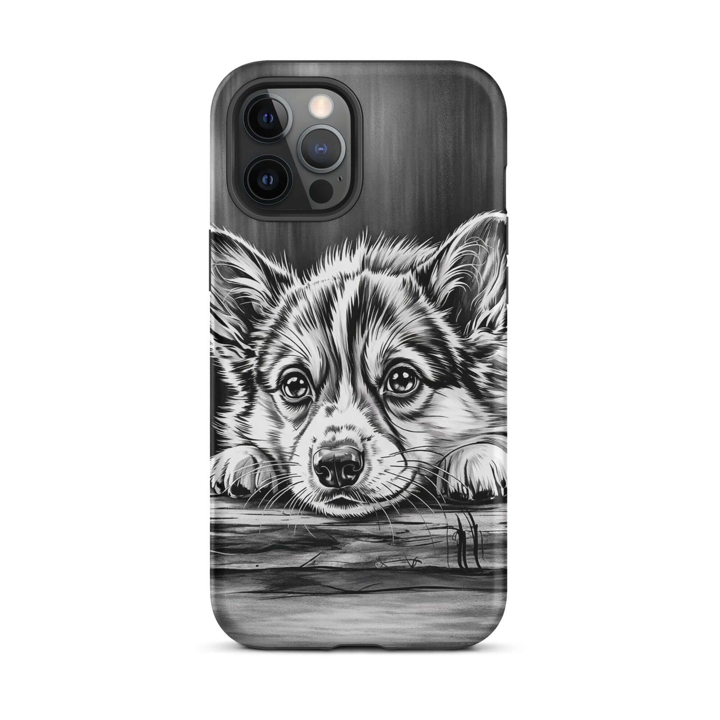 Phone Case for iPhone with elegant puppy art, featuring a black-and-white illustration of a puppy resting on wood for luxury and protection.