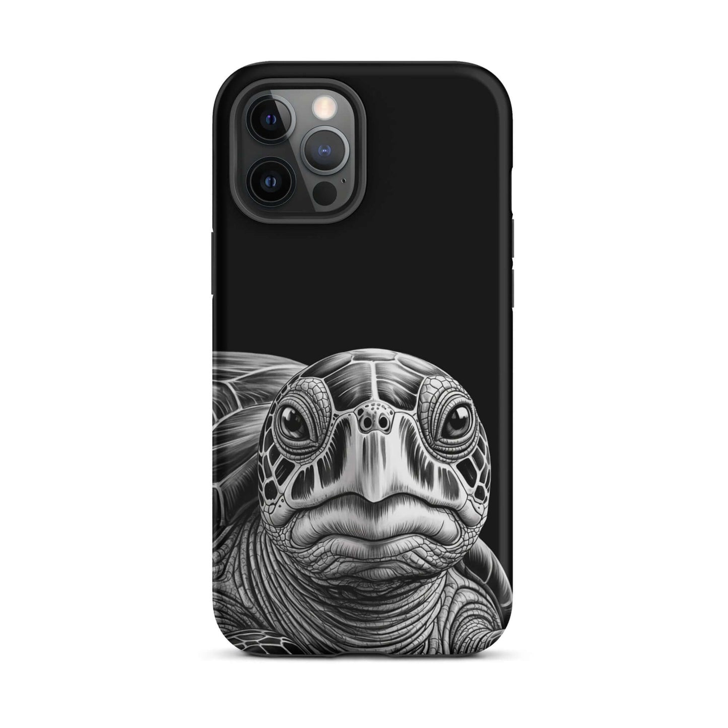 Phone Case with ancient sea turtle sketch for iPhone, featuring intricate black-and-white art, symbolizing protection and calm.