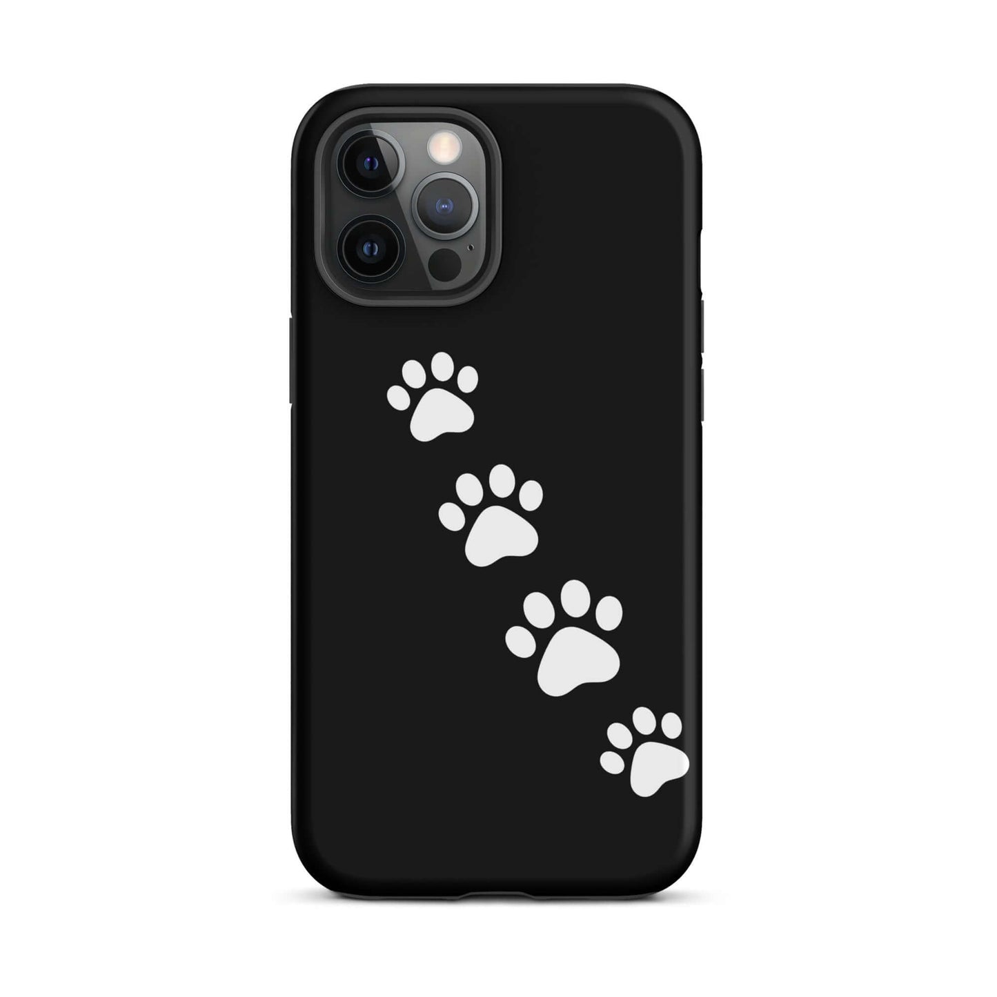 Phone case for iPhone with paw-print trail design featuring white paw prints diagonally on a black background, perfect for pet lovers.