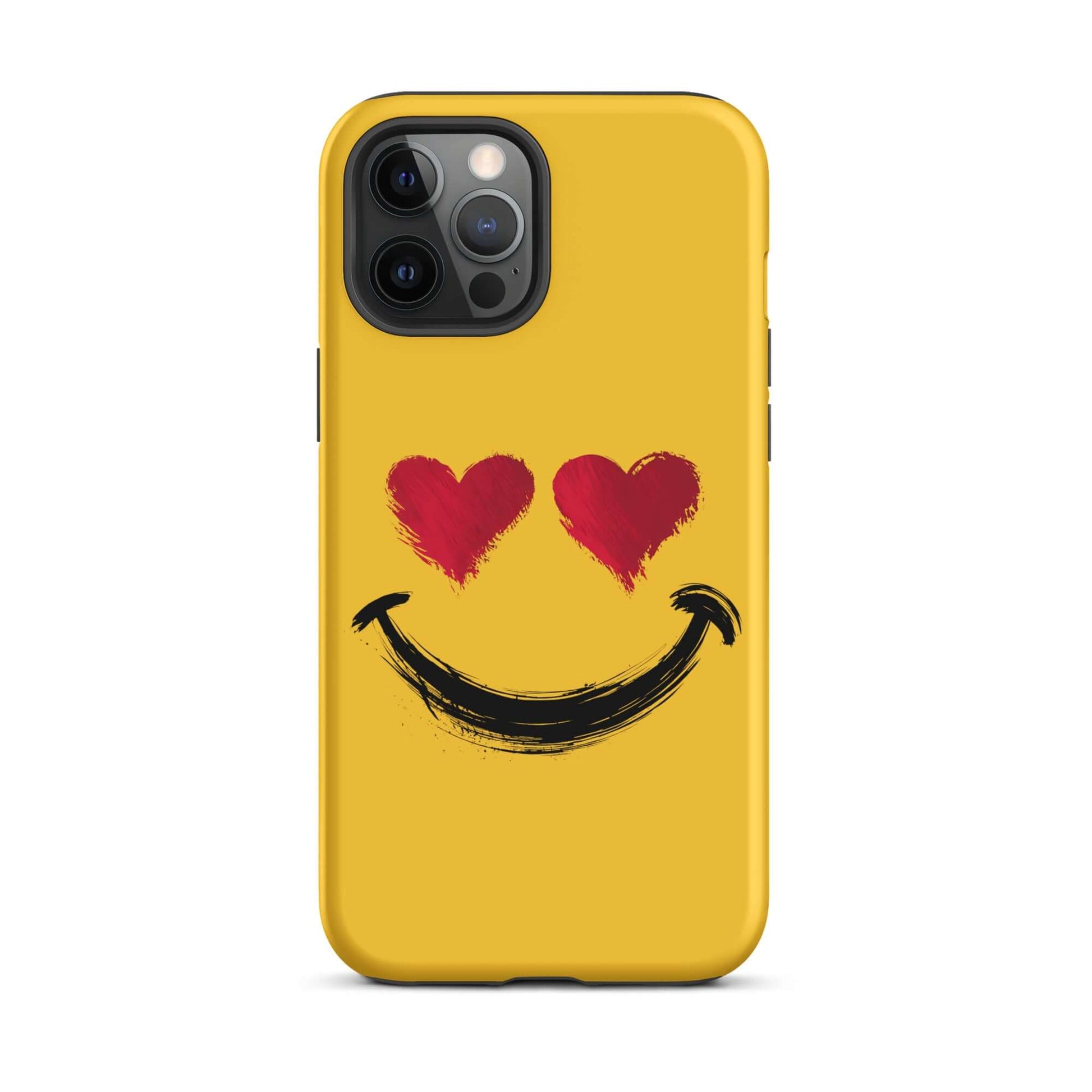 Phone Case for iPhone with heart-eyes smiley art in vibrant yellow and red, offering bold style and premium protection.
