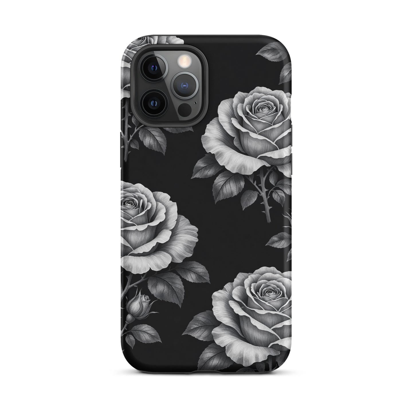 Phone Case for iPhone with rose garden design, featuring hand-sketched roses and leaves on a black background.