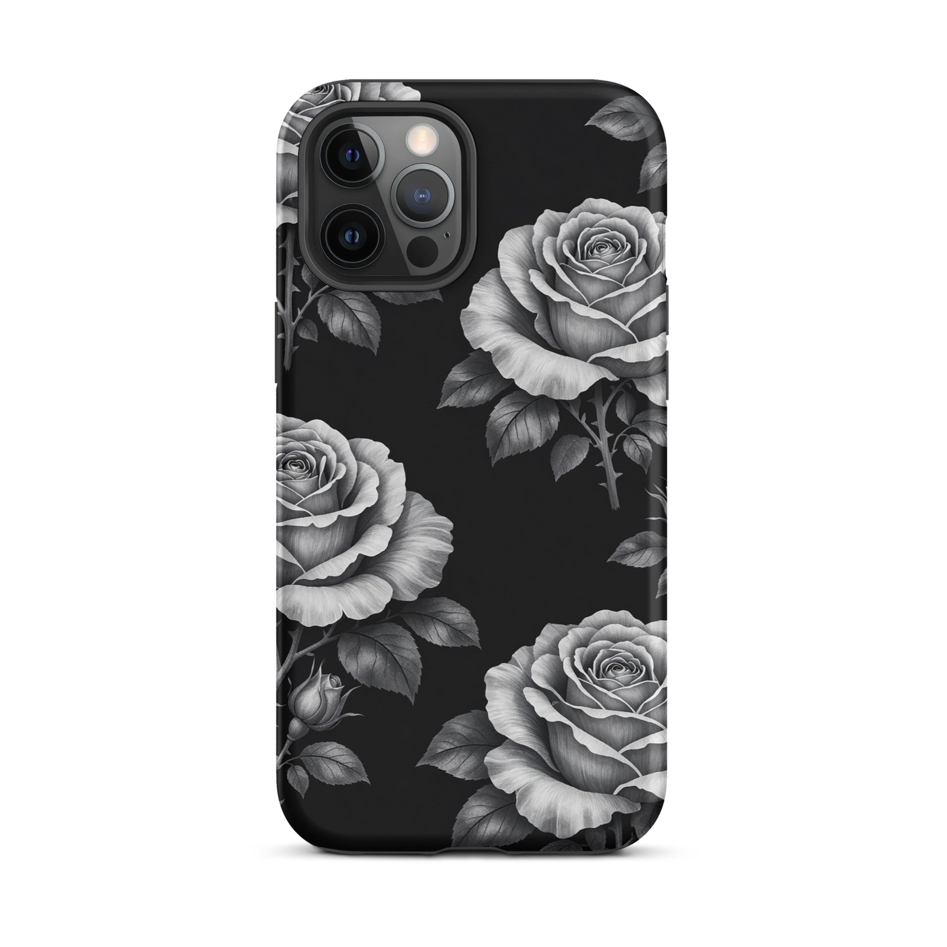 Phone Case for iPhone with rose garden design, featuring hand-sketched roses and leaves on a black background.