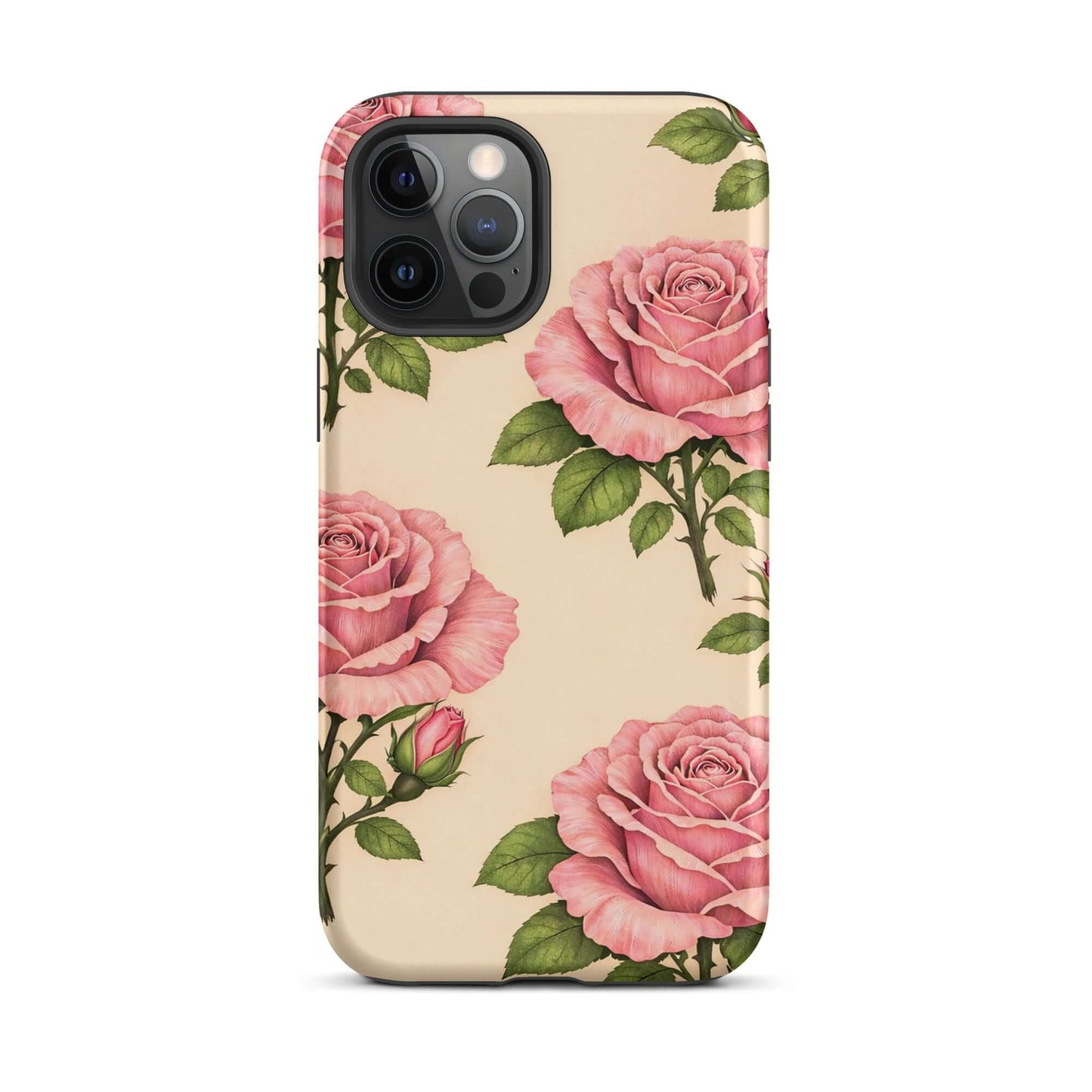 Phone Case featuring pink roses and green leaves on a warm cream background for iPhone.
