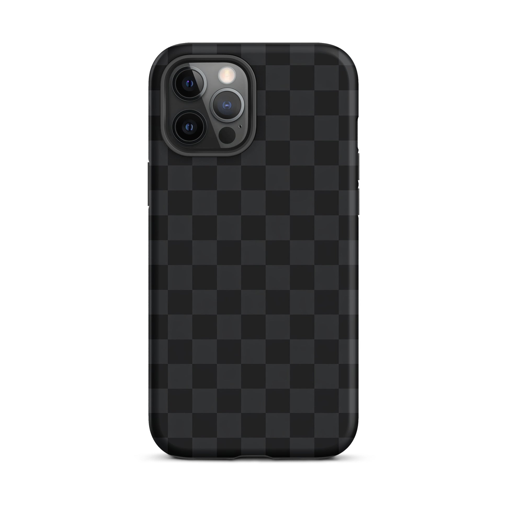 Phone Case for iPhone with black and charcoal checkered design, modern minimalist style.