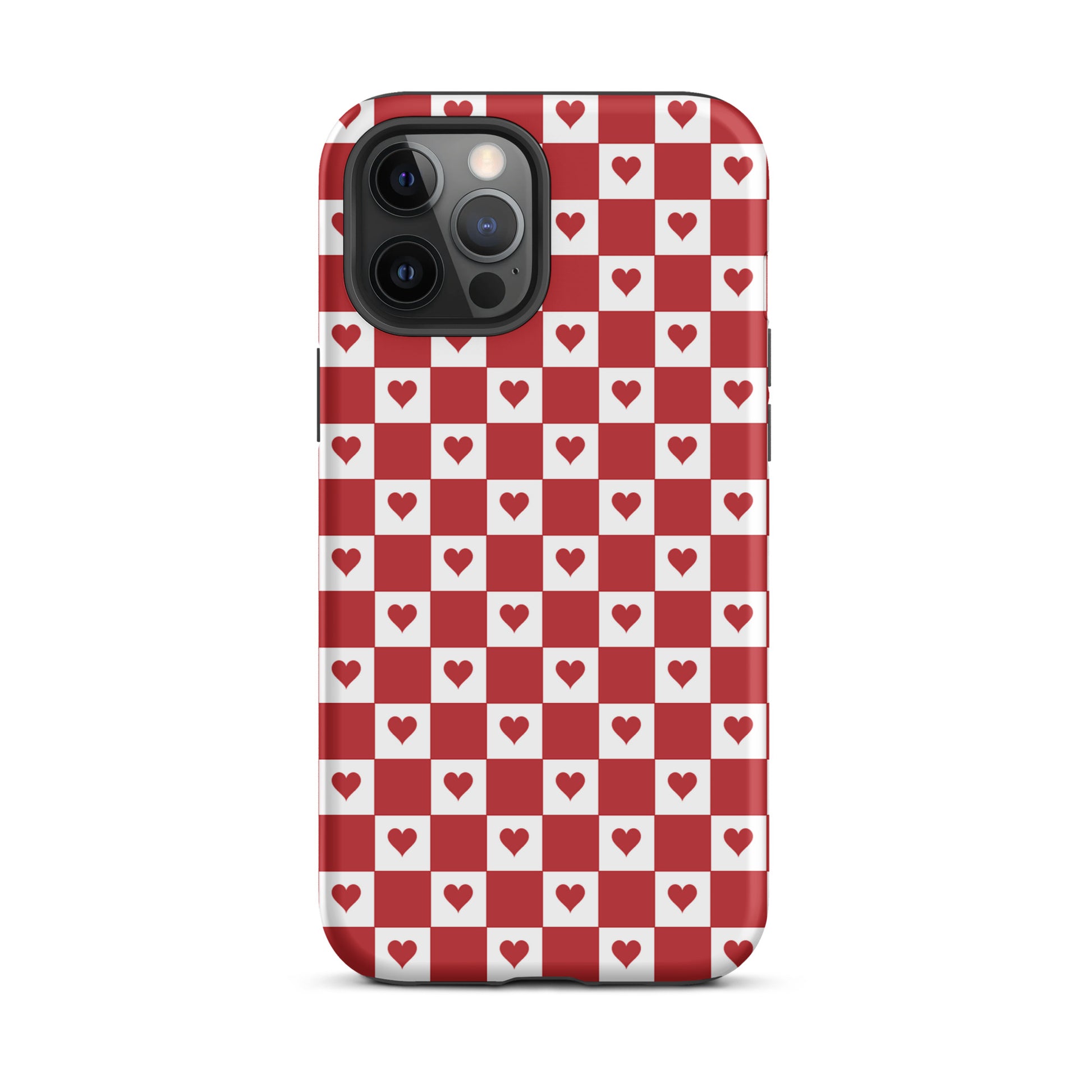 Phone Case for iPhone with cute red heart checkered design, featuring tiny crimson hearts on a red-and-white pattern, stylish and modern.