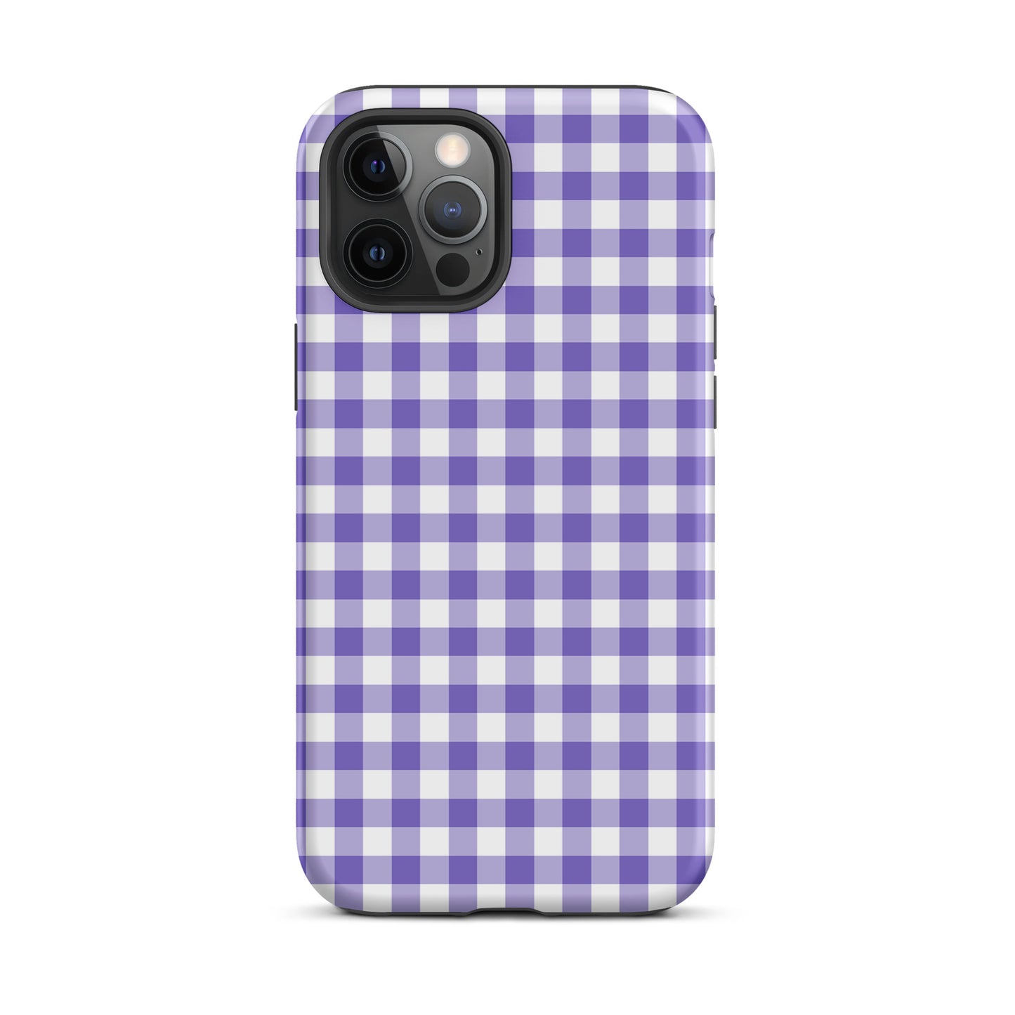 Phone Case with purple and white gingham pattern for iPhone, combining style with durability.