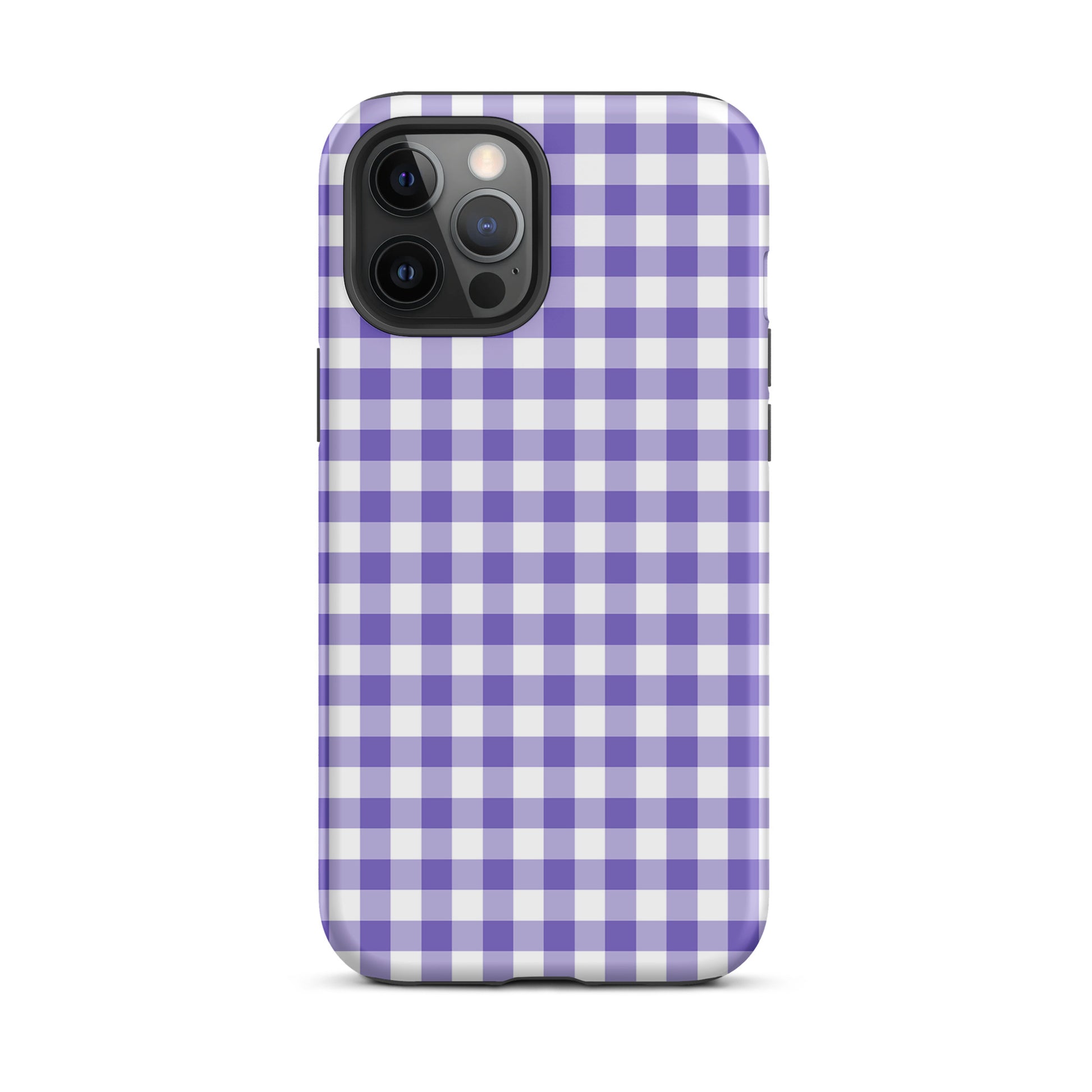 Phone Case with purple and white gingham pattern for iPhone, combining style with durability.