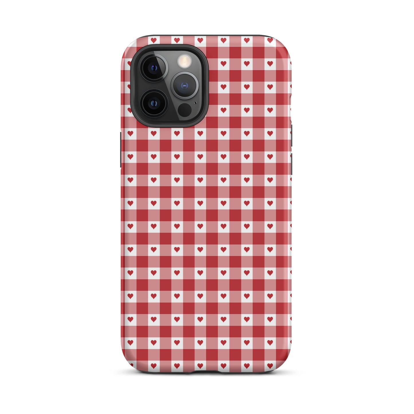 Phone Case: iPhone case with red and white gingham heart pattern, blending fun and luxury in protective design.