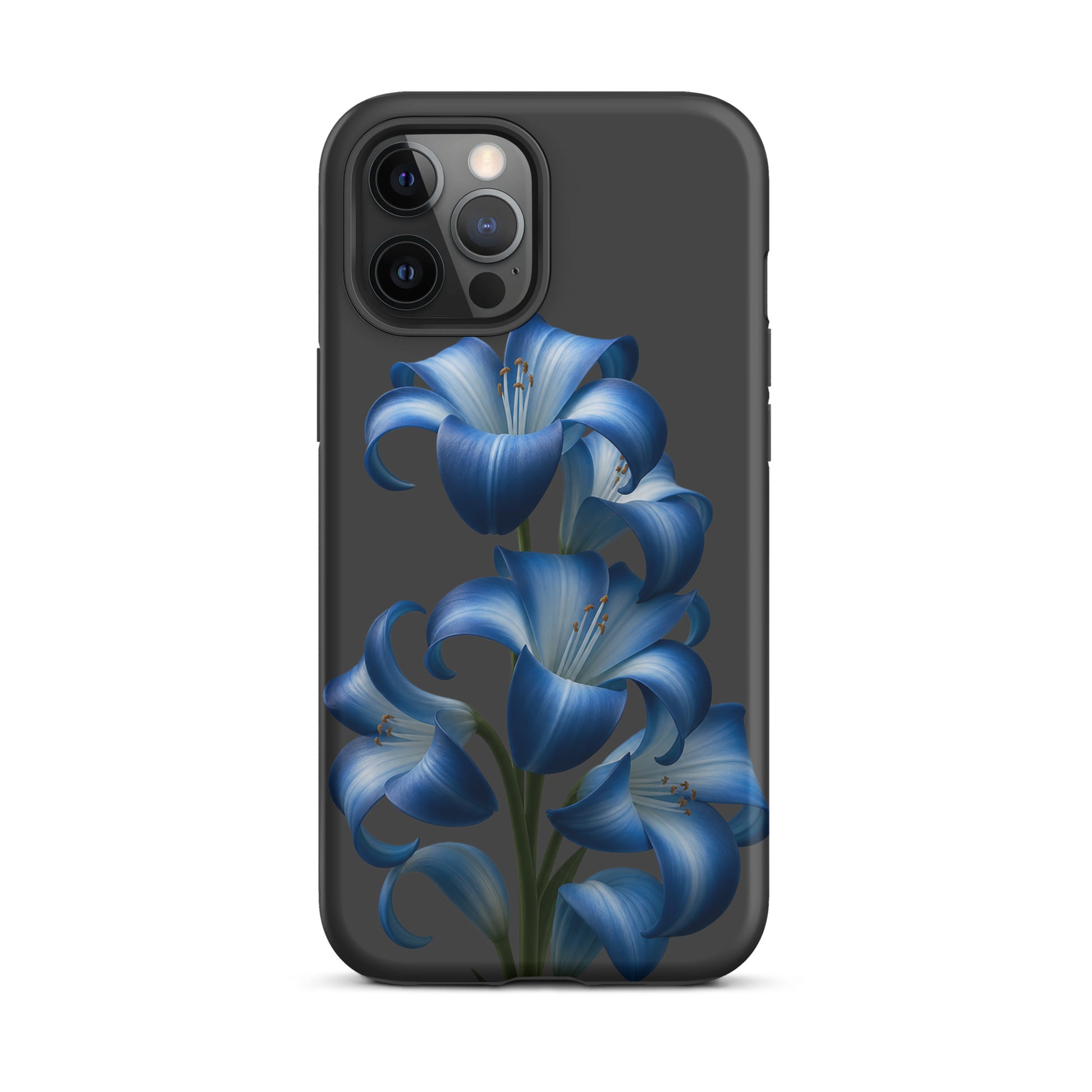 Phone Case for iPhone with blue lily bloom art and tough finish, featuring vibrant blue lilies on a sleek dark backdrop for stylish protection.