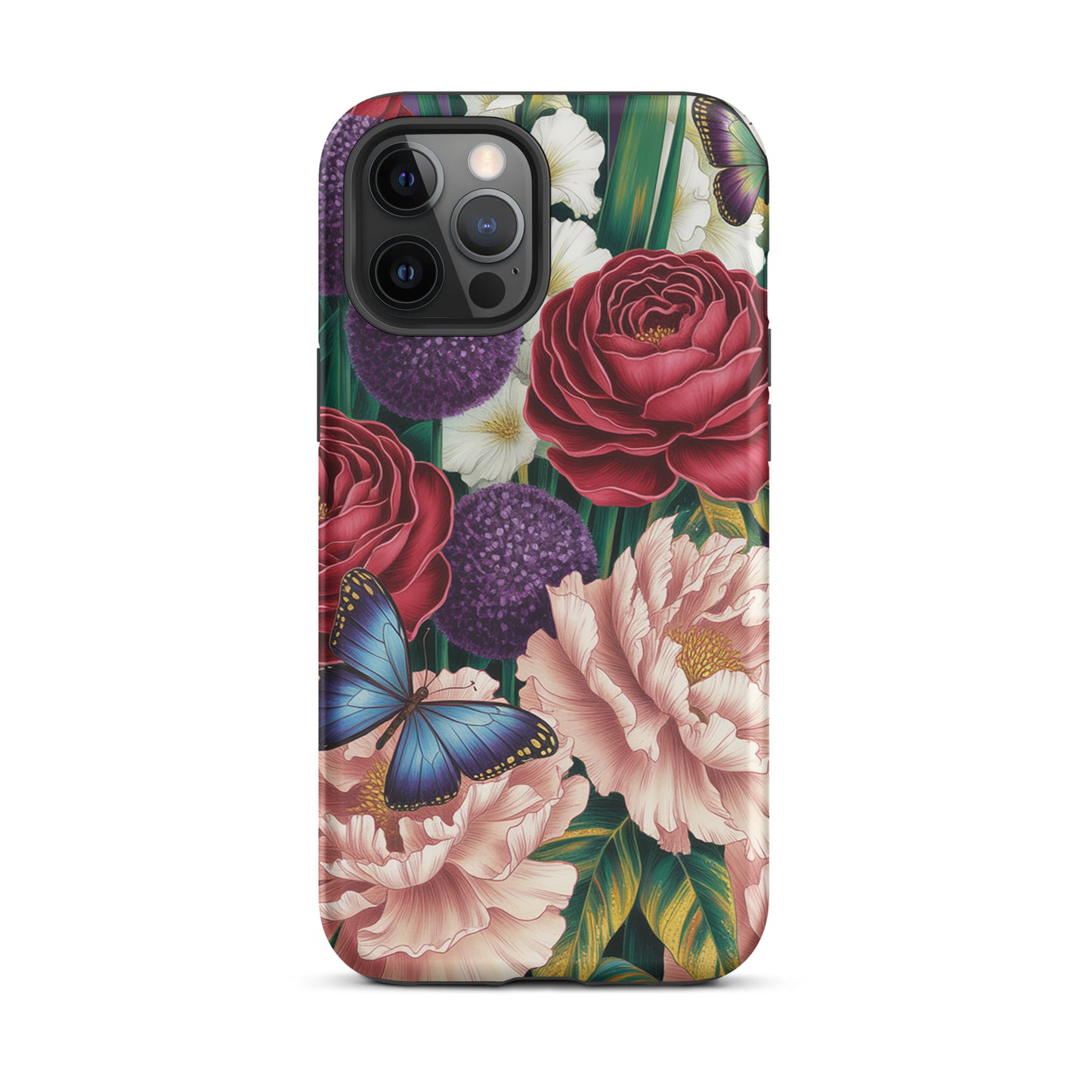 Phone Case for iPhone with floral design featuring red roses, pink peonies, purple alliums, and blue butterflies on a botanical background.