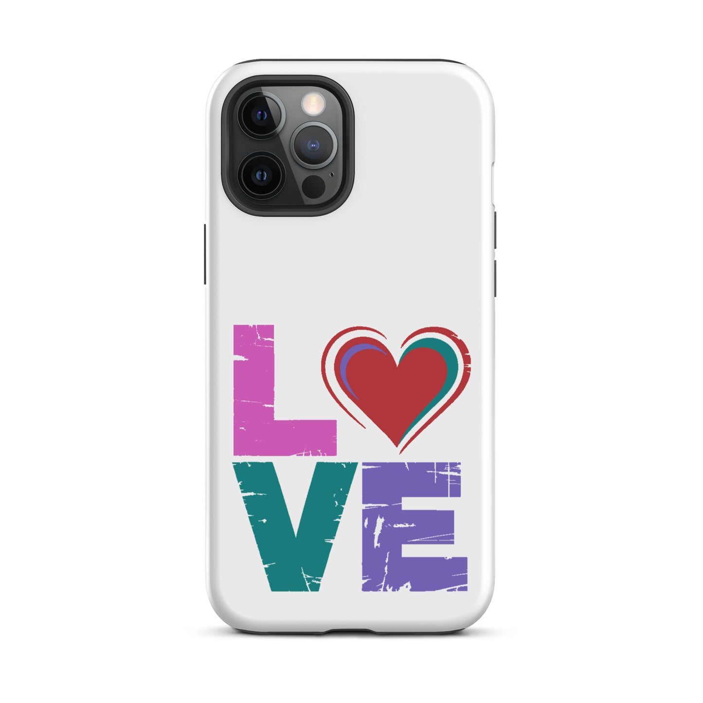 Love Dual Layer Tough Case for iPhones featuring heart design in 'love' text