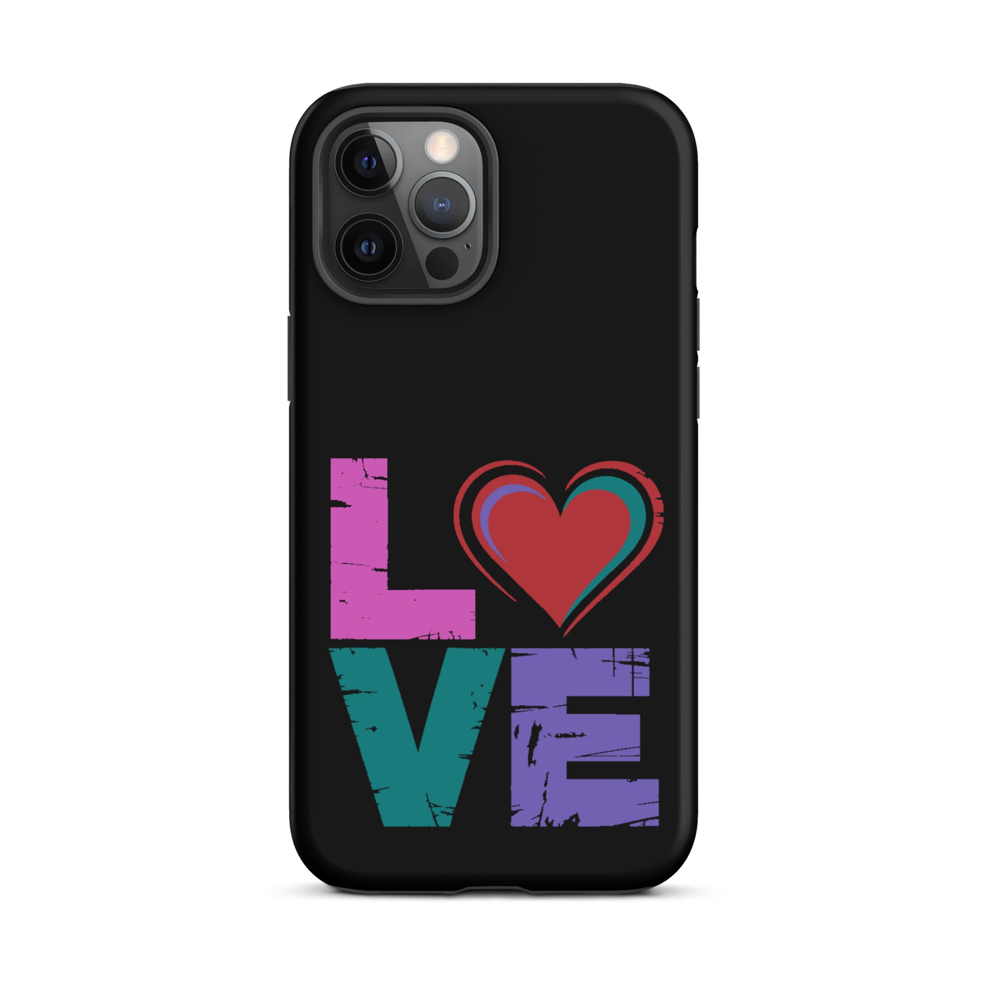 Love Dual Layer Tough Case for iPhones with colorful 'love' design and heart replacing 'o'.