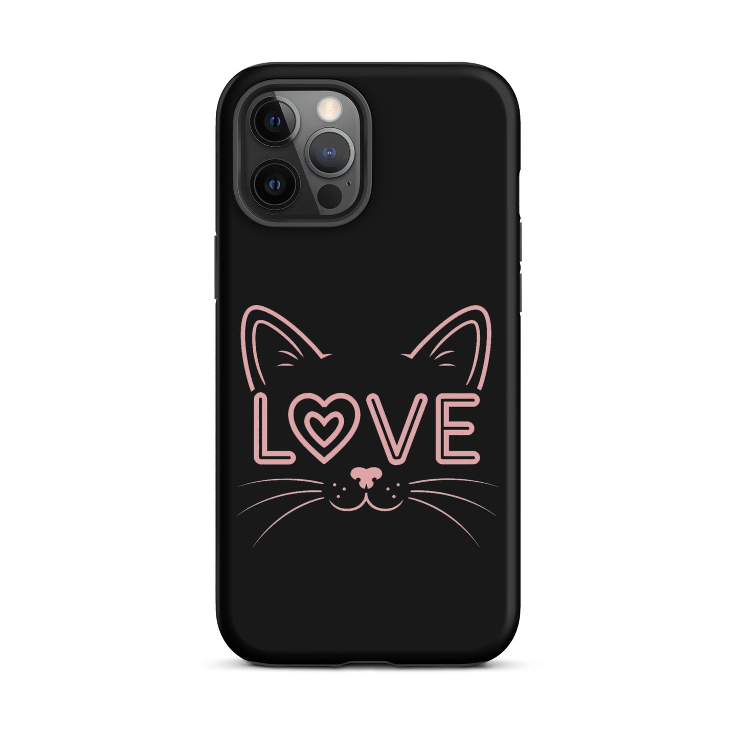 Cat Love iPhone case featuring minimalist cat face design with "LOVE" text, sleek black finish, perfect for cat enthusiasts.