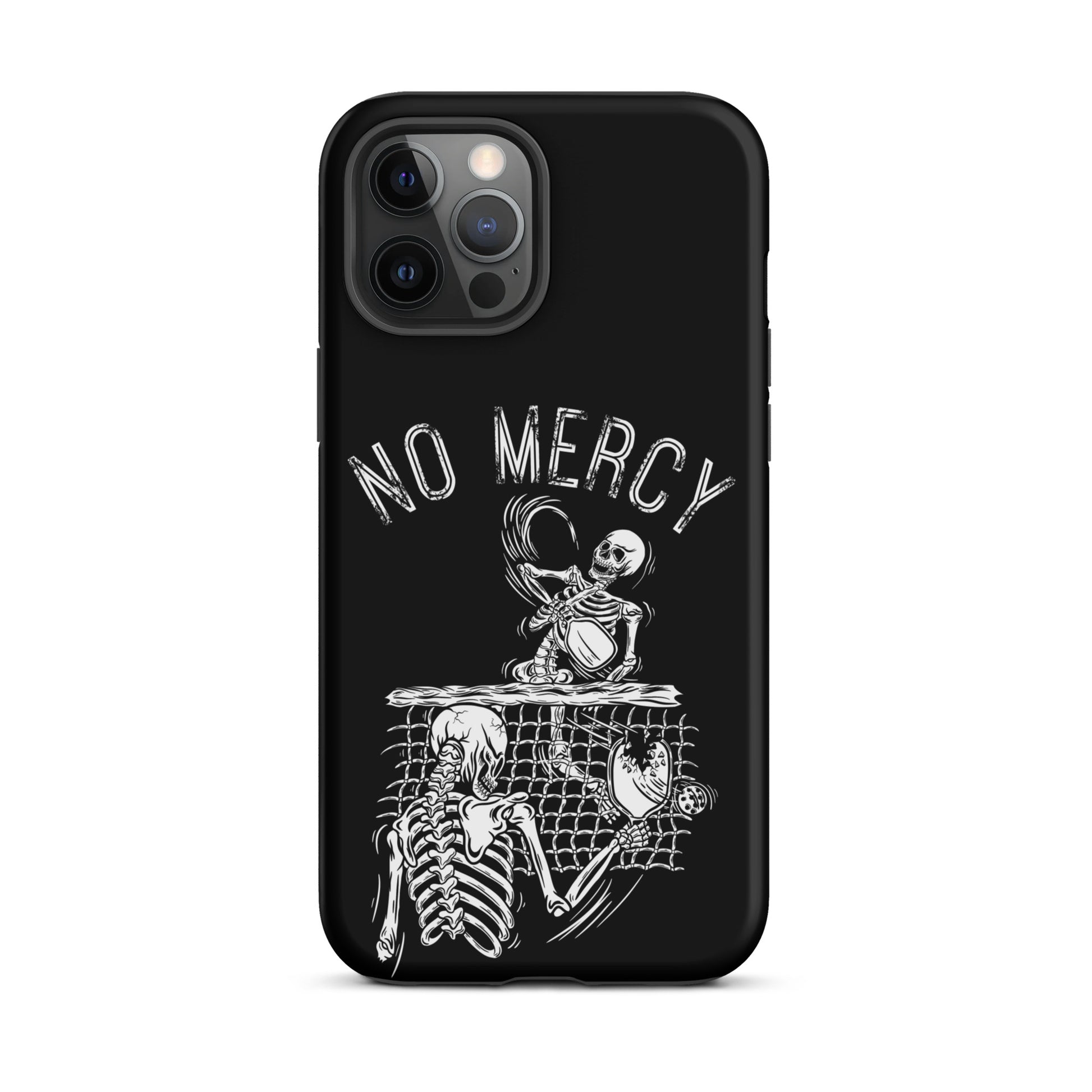 Pickleball iPhone case with No Mercy design featuring skeleton players at the net, perfect for intense on-court players.