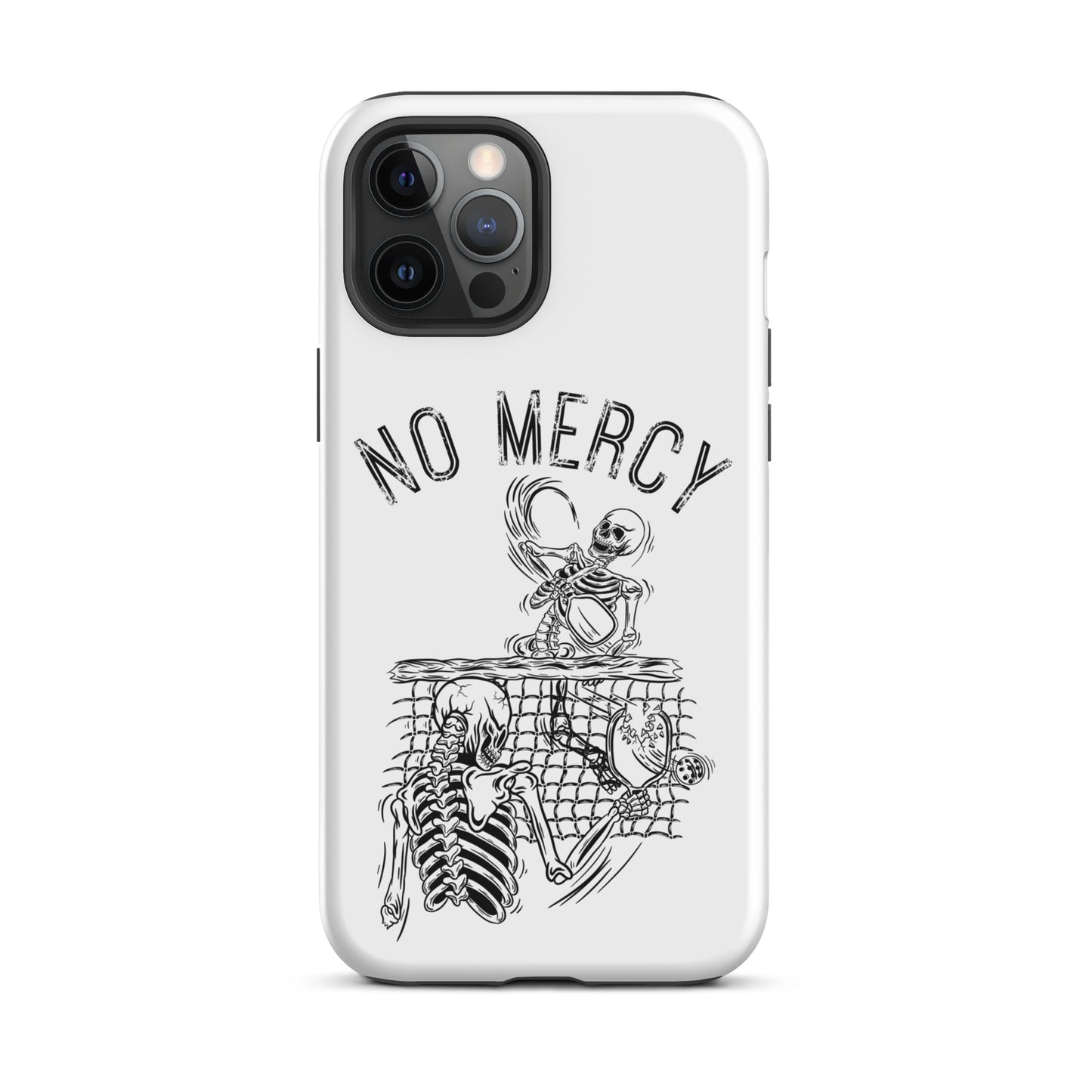Pickleball iPhone case with "No Mercy" design, showcasing an edgy pickleball skull theme for aggressive players.