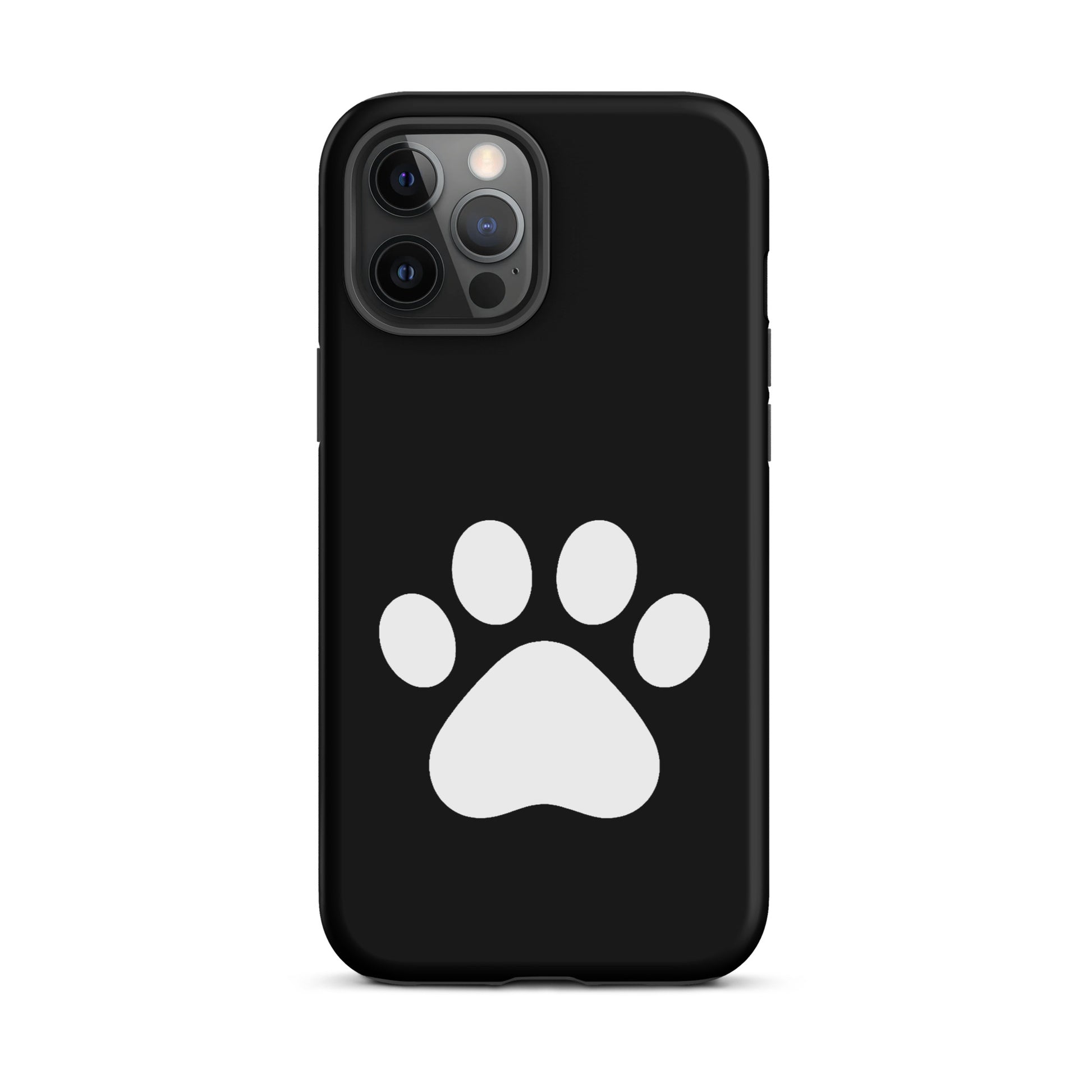 Phone Case with minimalist paw print design for pet lovers, compatible with iPhone, featuring cat and dog charm, black background.