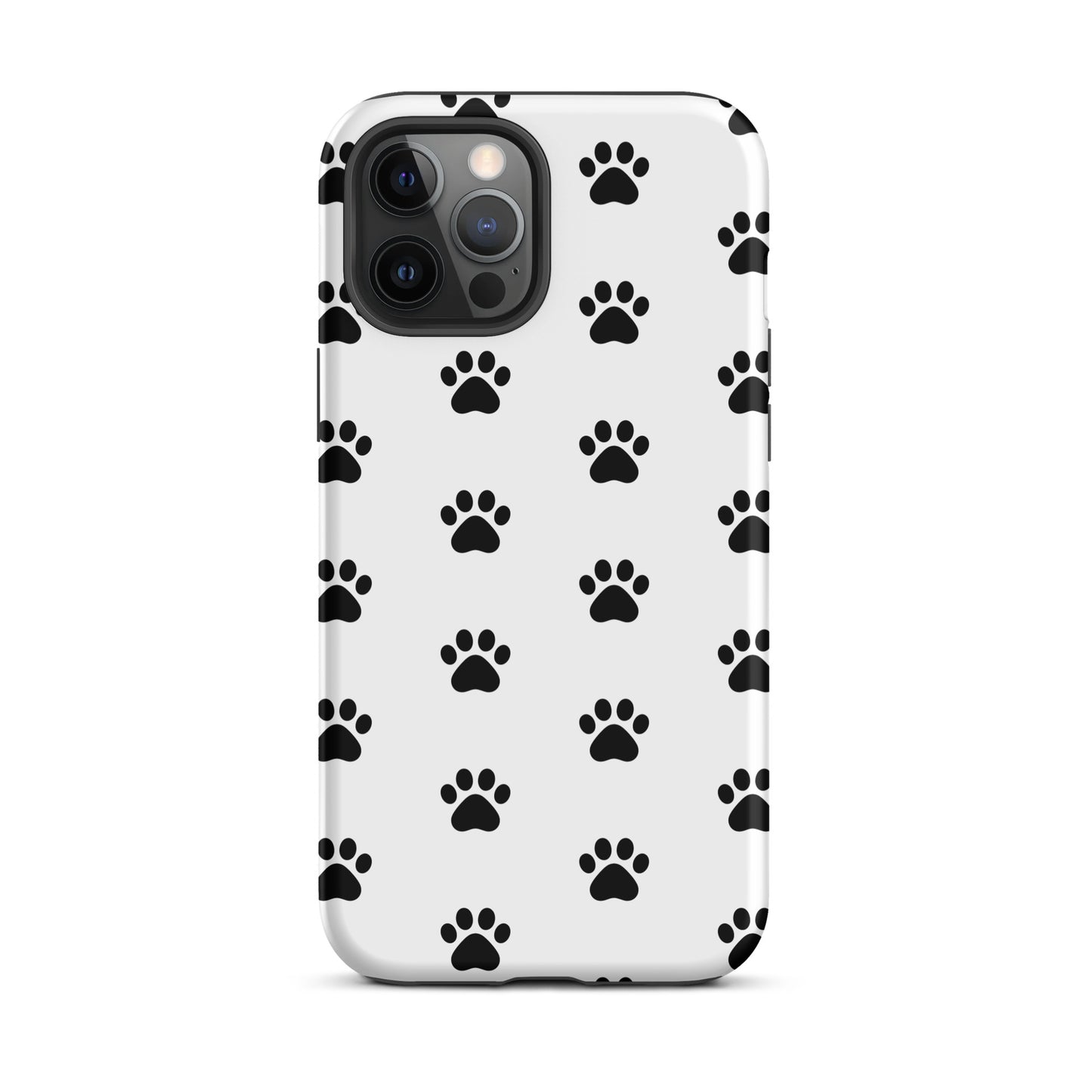 Phone Case for iPhone with stylish paw print design for pet lovers, featuring minimalist black paw icons on white background.