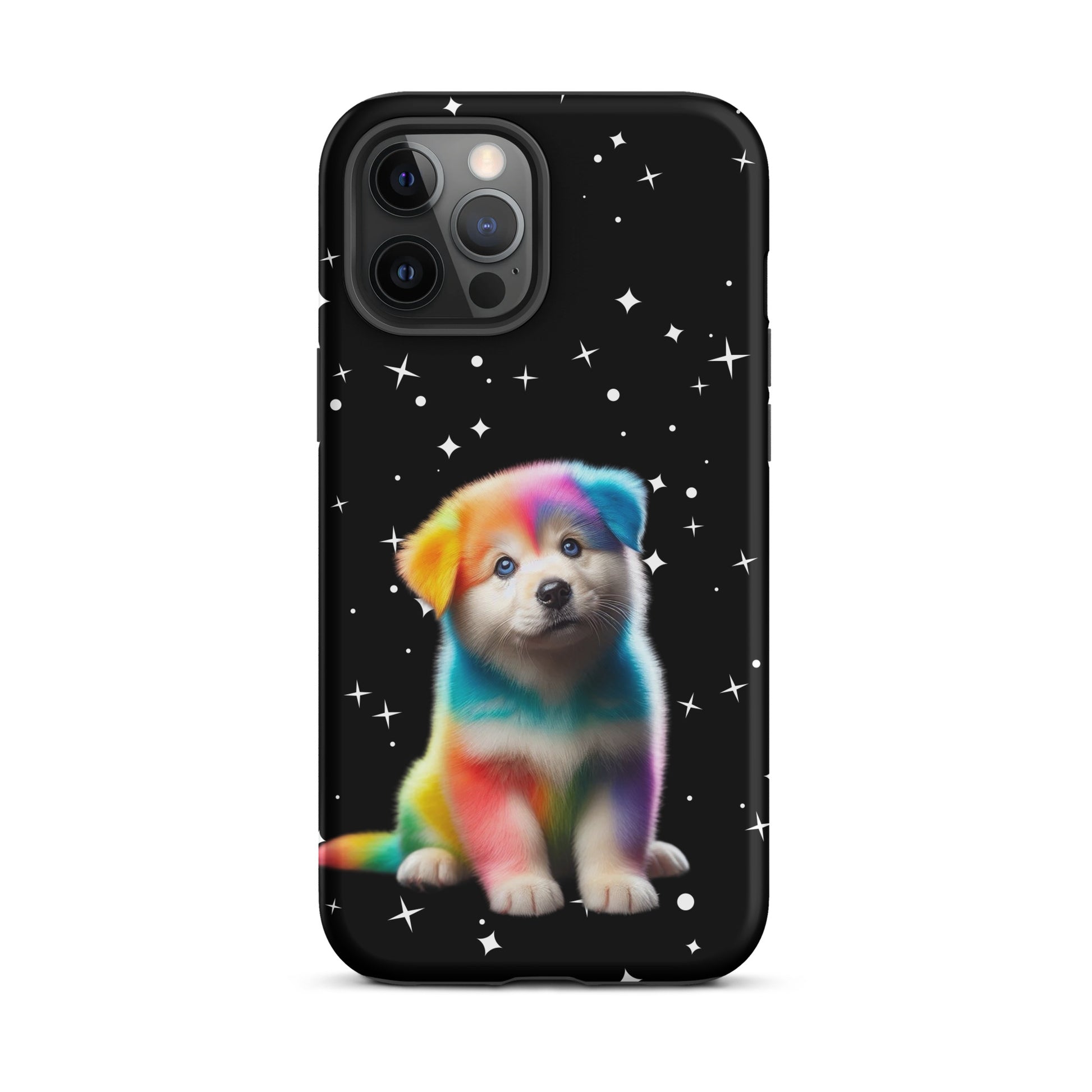 Phone Case with rainbow puppy and starry night design for iPhone, featuring vibrant colors and cosmic sparkle, playful yet protective accessory.