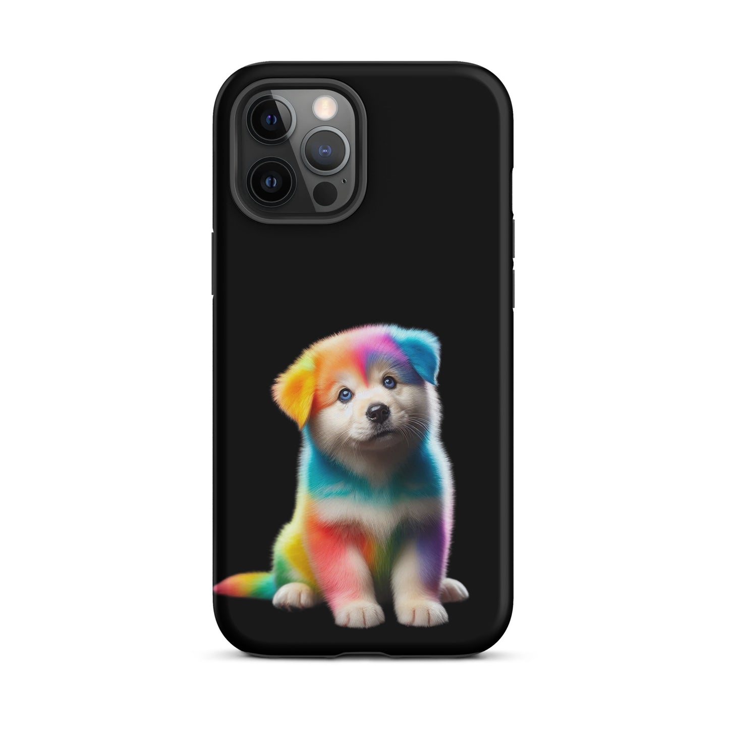 Phone Case featuring a vibrant rainbow puppy design on a dark night sky background for iPhone, combining fantasy art and protection.