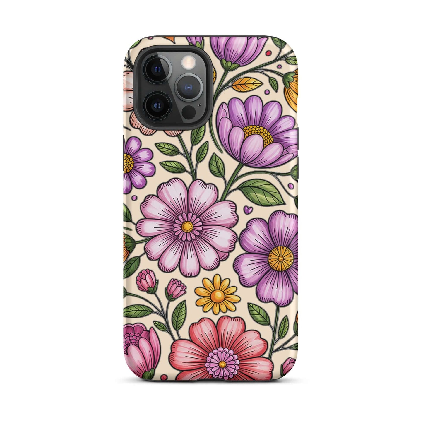 Phone Case for iPhone with pastel floral design, featuring soft pinks, peaches, lavenders, and yellows, on a sturdy polycarbonate shell.