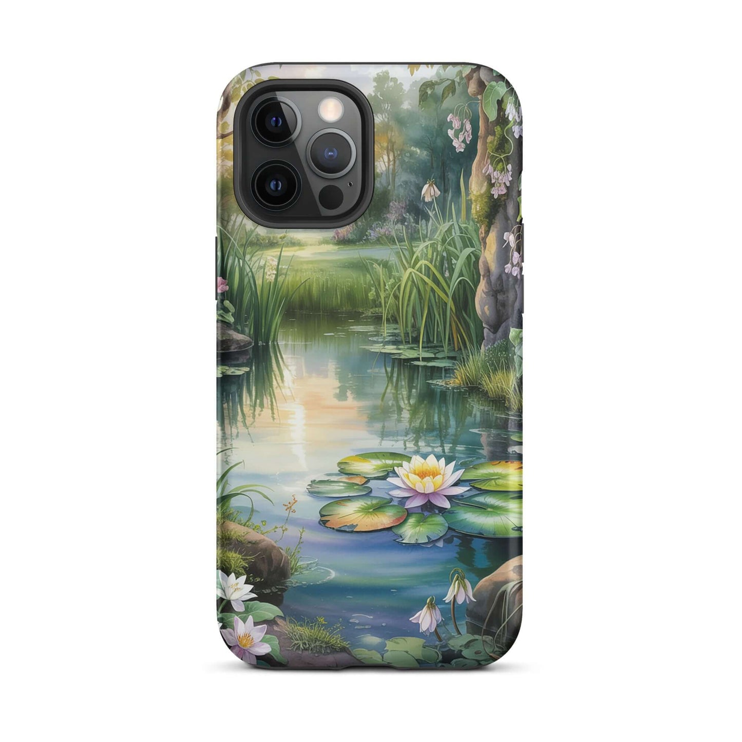 Phone Case for iPhone with enchanted pond design featuring water lilies and sunset reflections