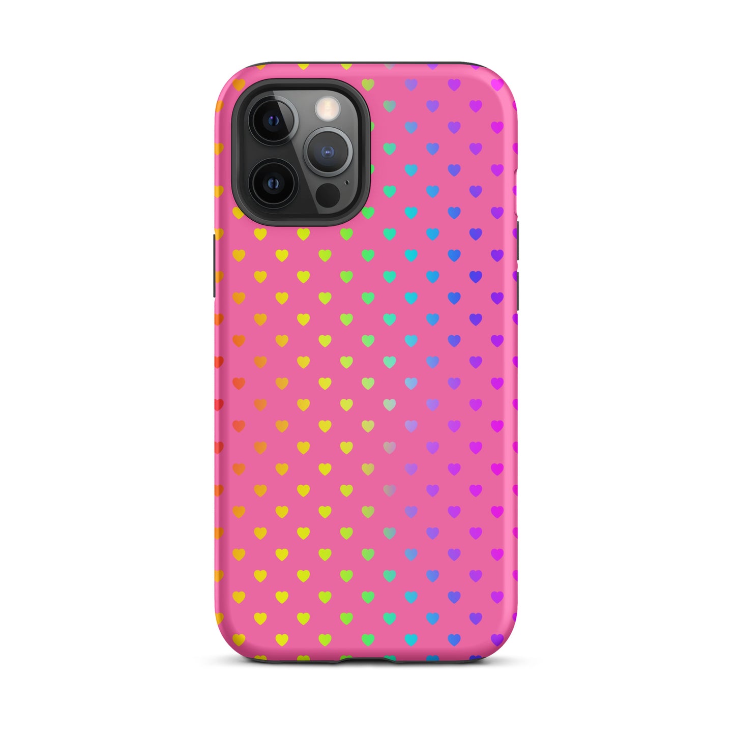 Phone Case for iPhone with cute rainbow hearts on pink background, dual-layer protection, cheerful feel-good design for all phone case lovers.