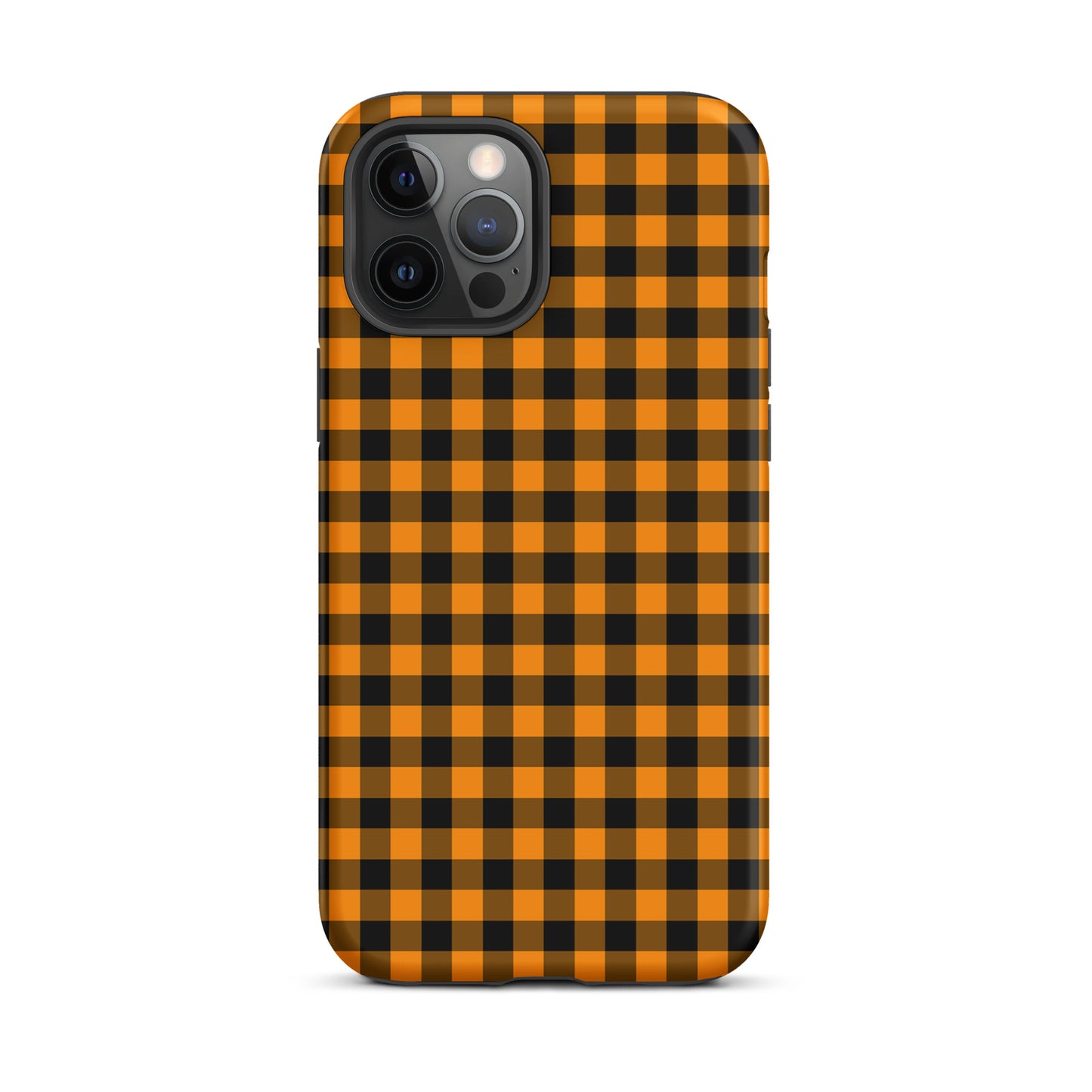 phone case with black-and-orange gingham pattern, autumn theme for iPhone