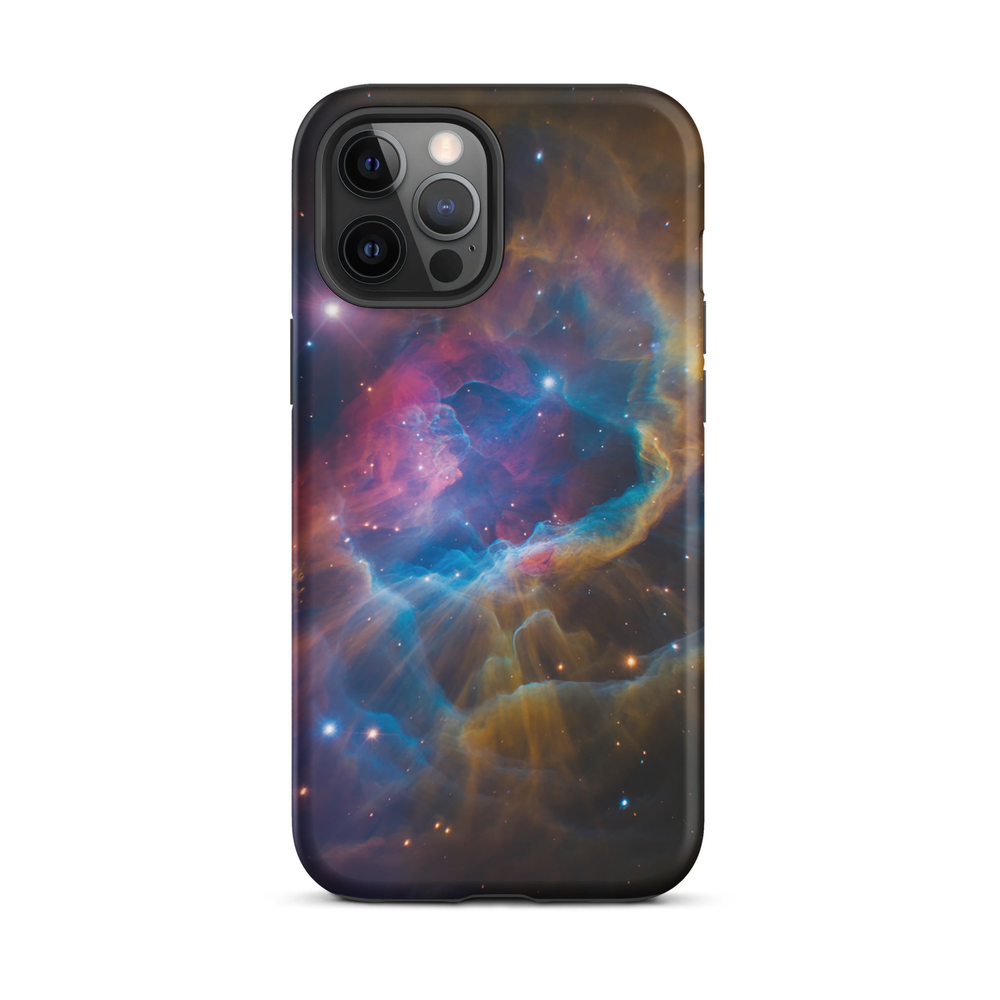 Phone Case for iPhone, Nebula Cosmic Dreamscape design with swirling electric blues, fiery oranges, and dreamy pinks.