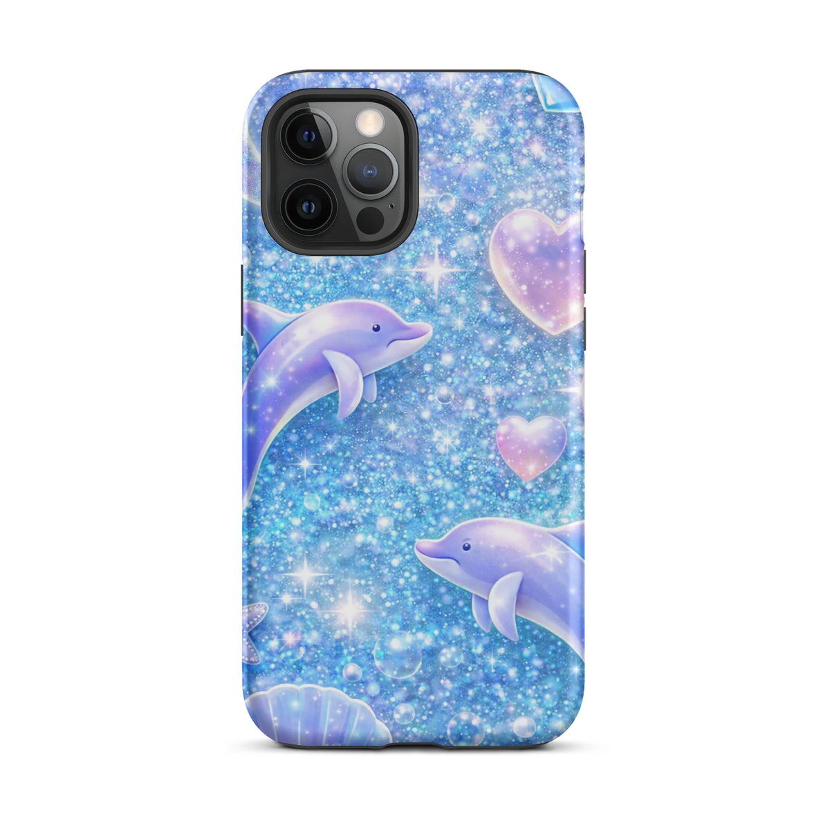Phone Case for iPhone featuring ocean glitter with dolphins and moonlit shell fantasy design