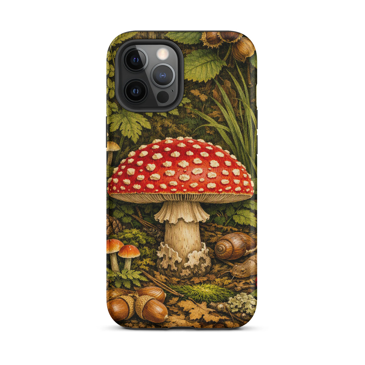 Phone Case for iPhone featuring Amanita muscaria mushroom in lush forest design with red cap and white spots.