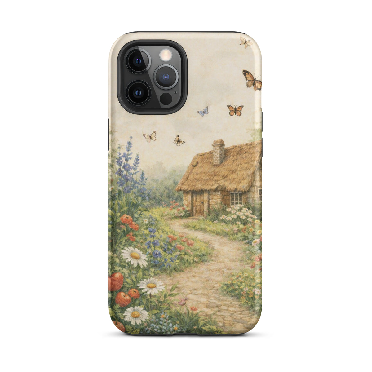 Phone Case for iPhone featuring cottage garden art with daisies, poppies, and a thatched-roof stone cottage on a cream background.