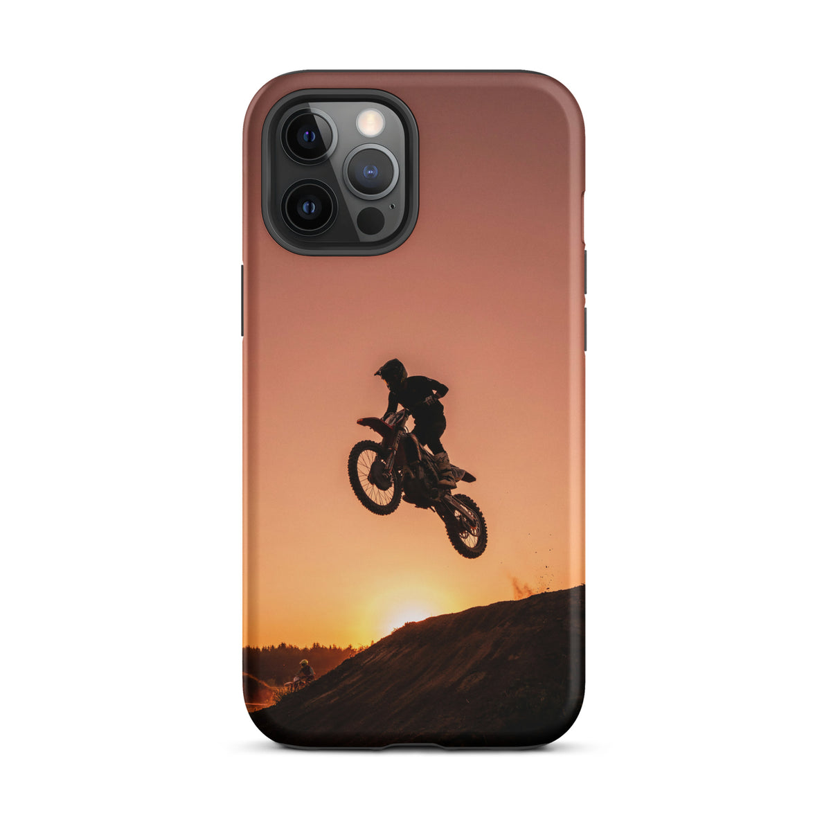 Phone Case for iPhone with motocross sunset dirt bike design, featuring dramatic jump with copper and orange hues.