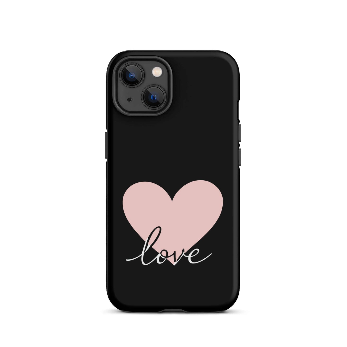 Phone Case for iPhone featuring a soft pink heart and flowing script 'love' design on a black background.