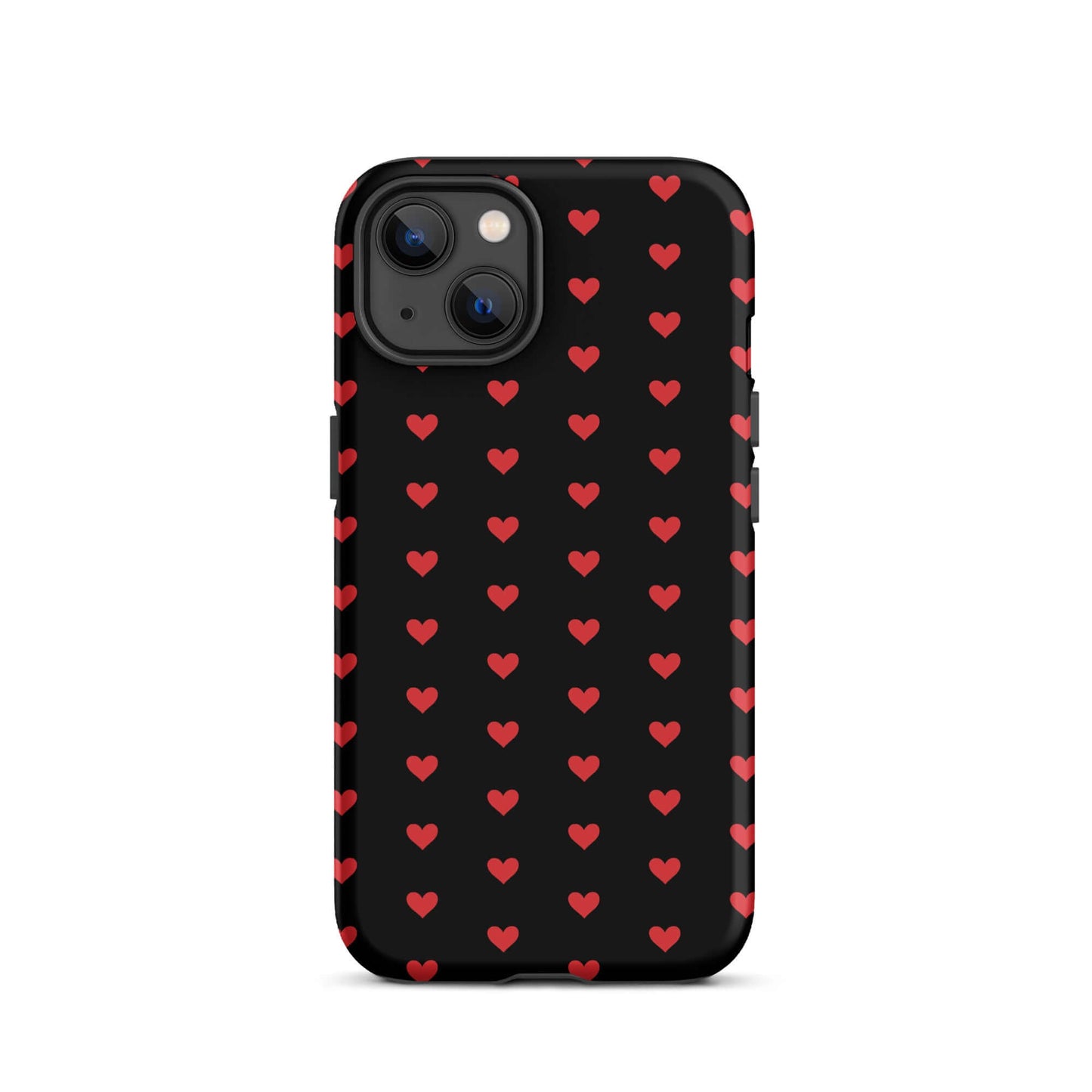 Phone Case featuring fiery red hearts on a sleek black background, offering style and durability.