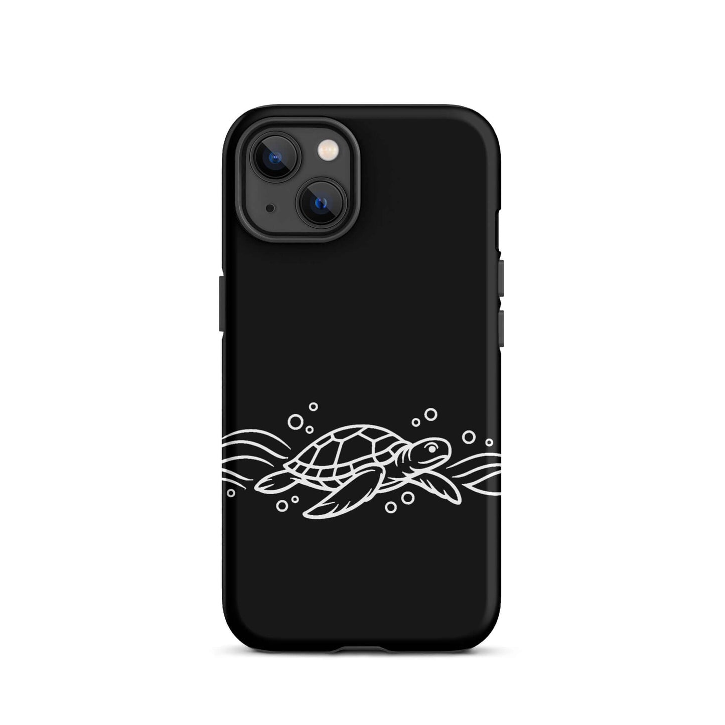 Phone Case for iPhone featuring a minimalist sea turtle design and abstract waves on a black background.